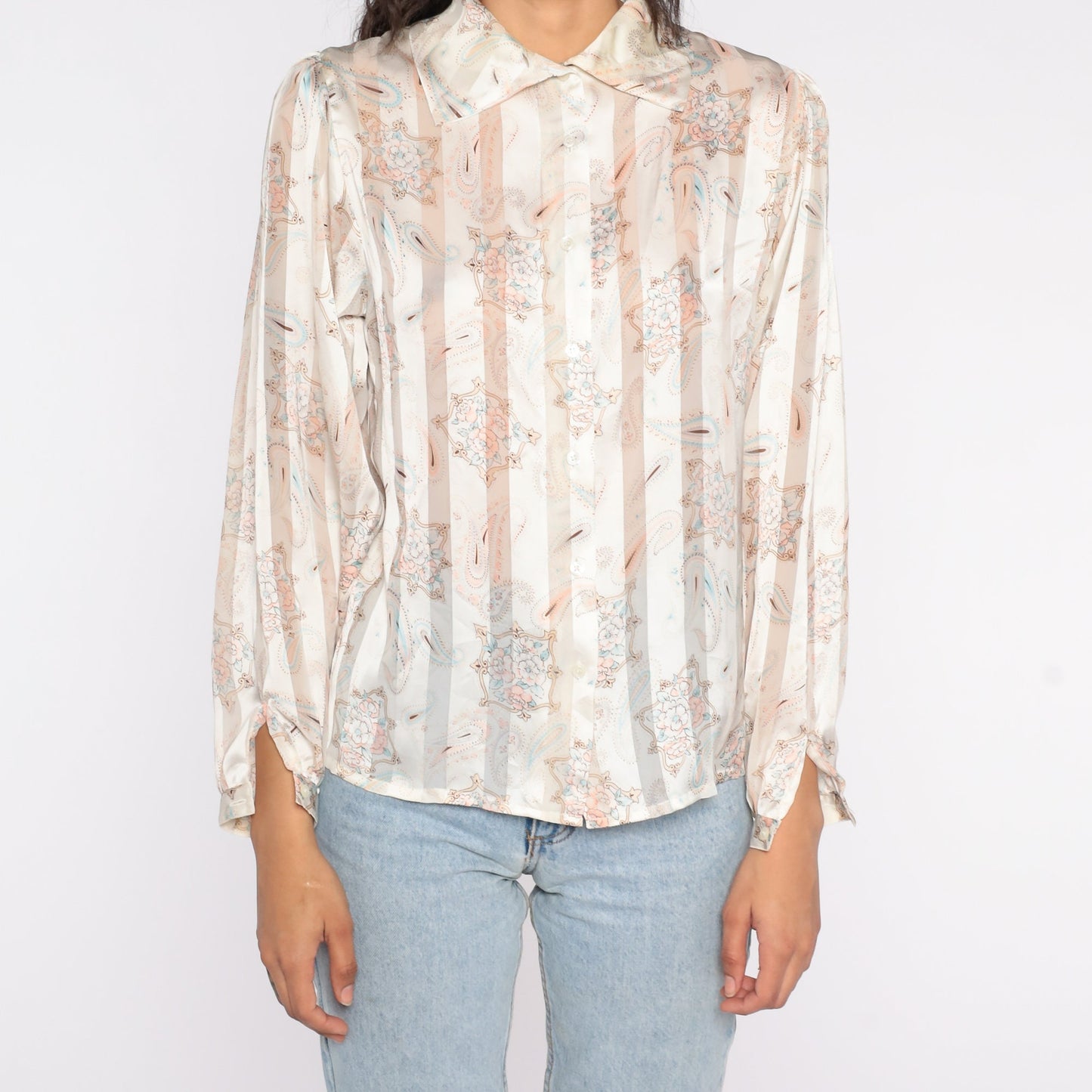 80s Striped Paisley Button Up Shirt Cream Tan Long Sleeve Collared Blouse Small