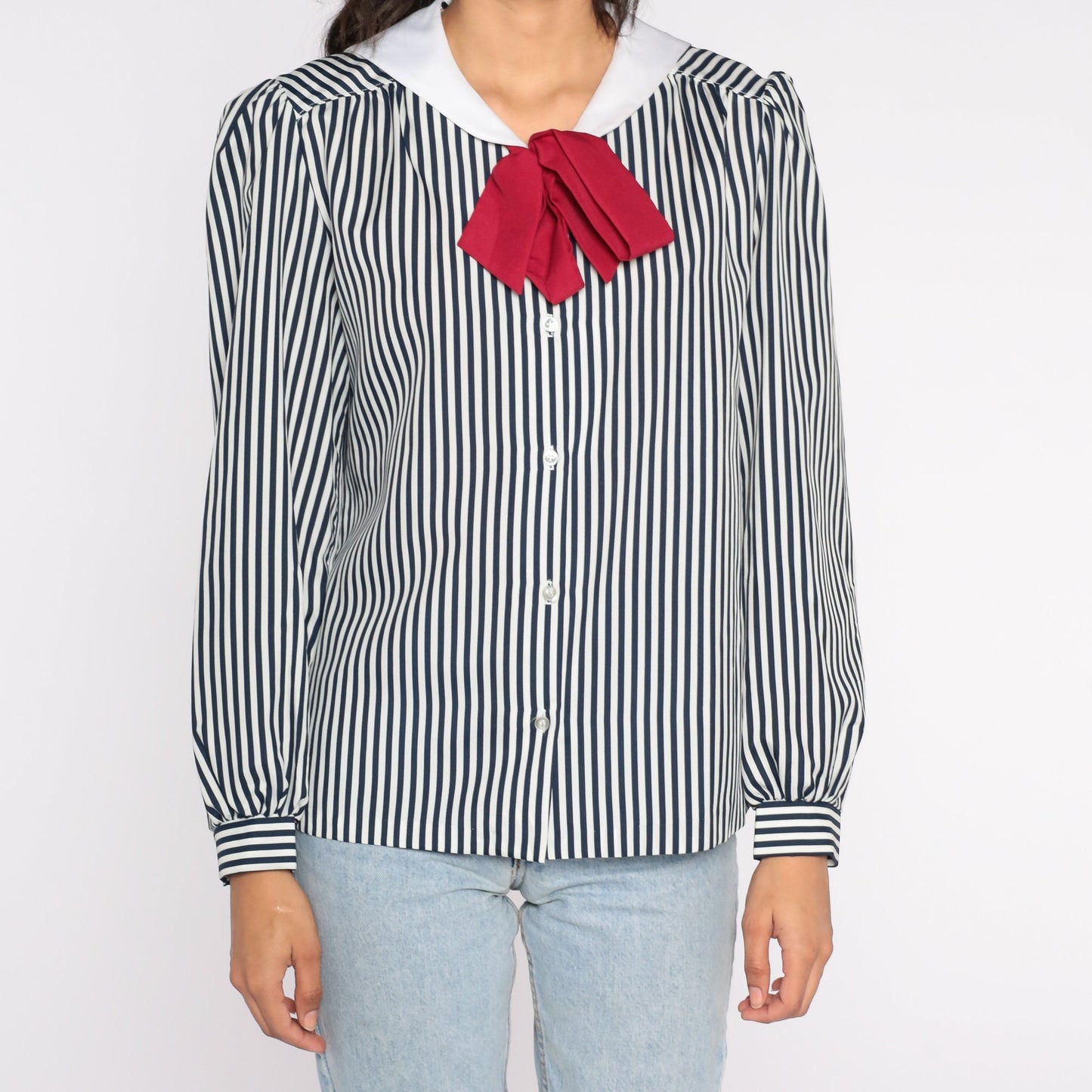 80s Striped Sailor Collar Blouse Ascot Bow Puff Sleeve Button Up Medium