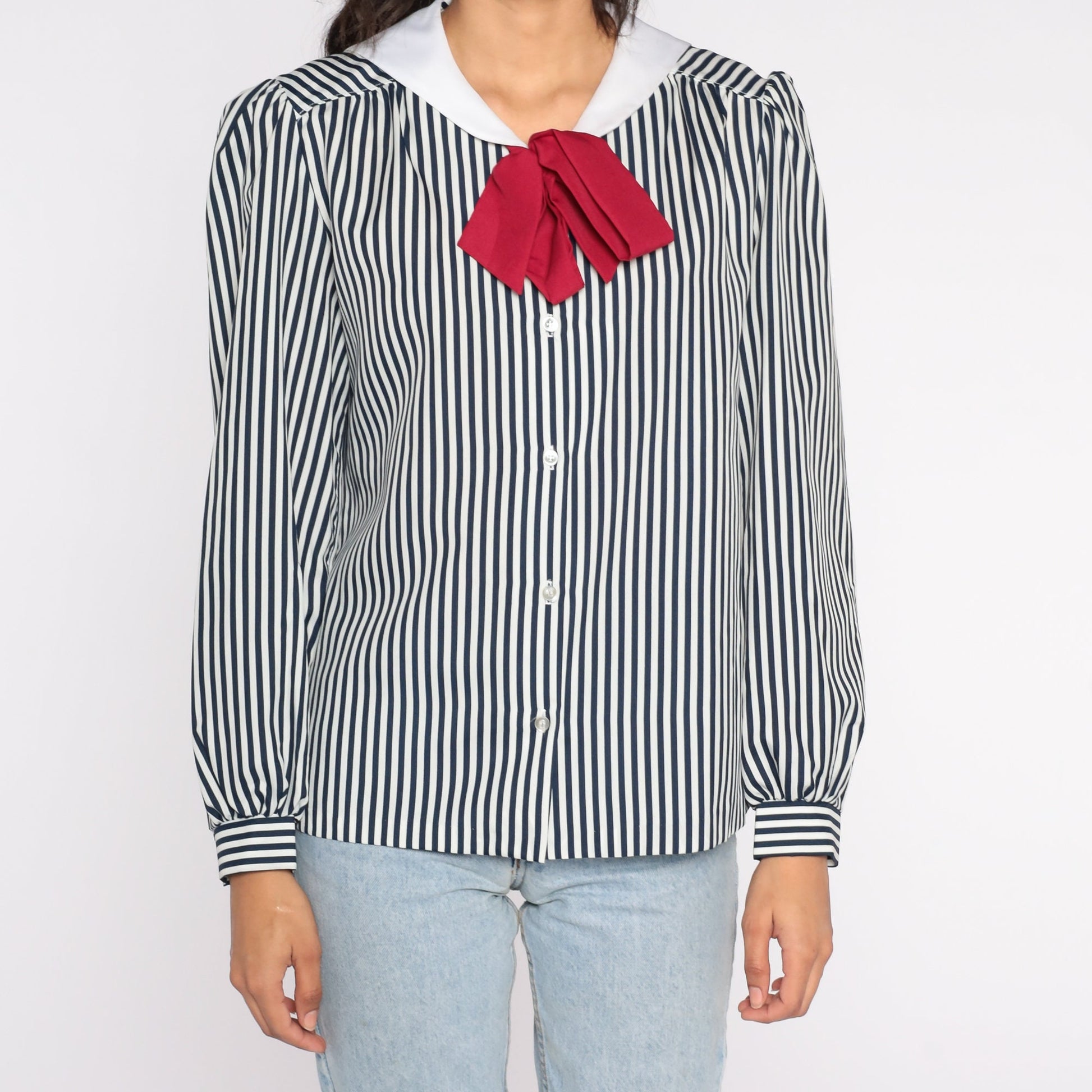 80s Striped Sailor Collar Blouse Ascot Bow Puff Sleeve Button Up Medium