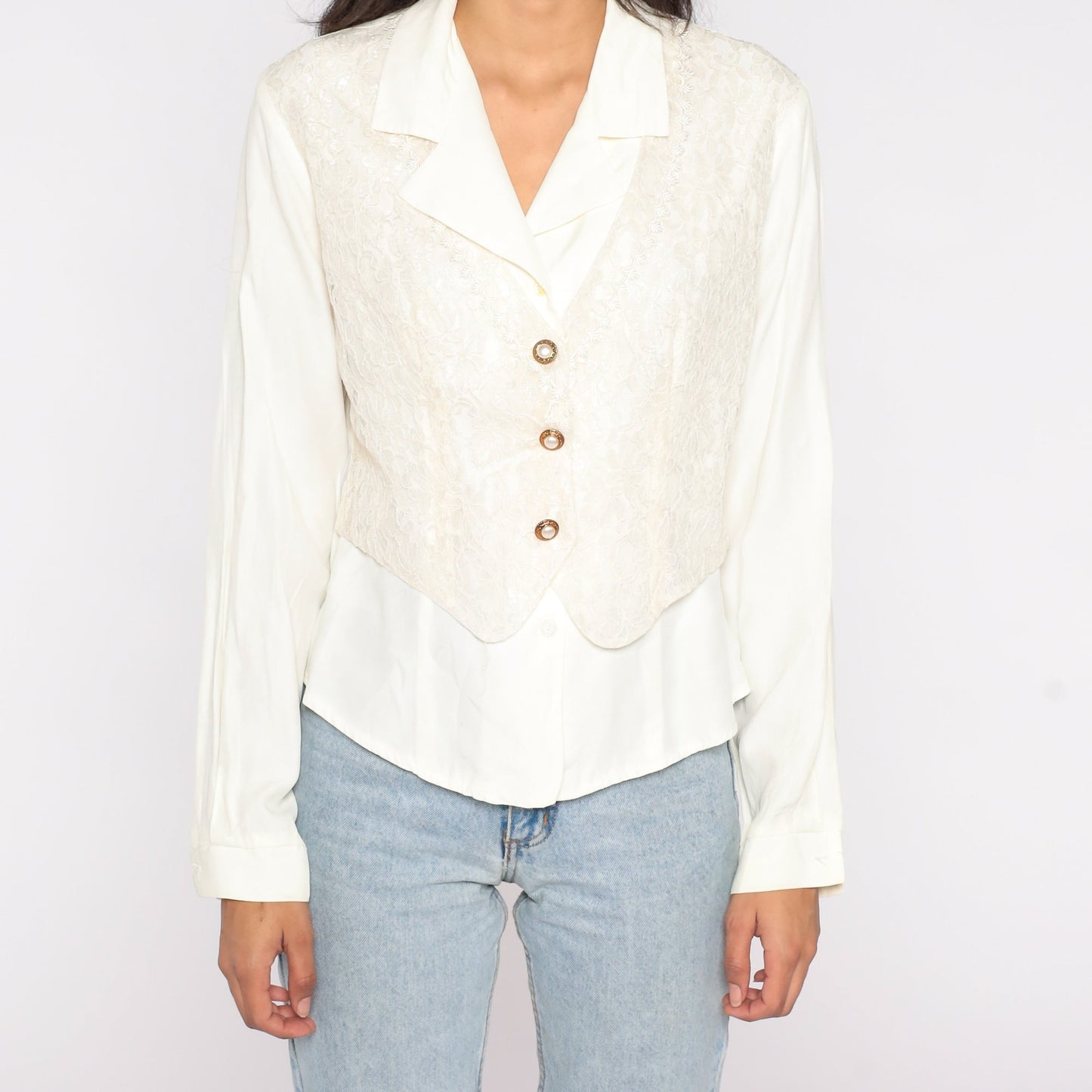 90s Off-White Blouse with Attached Floral Lace Vest Long Sleeve Medium M