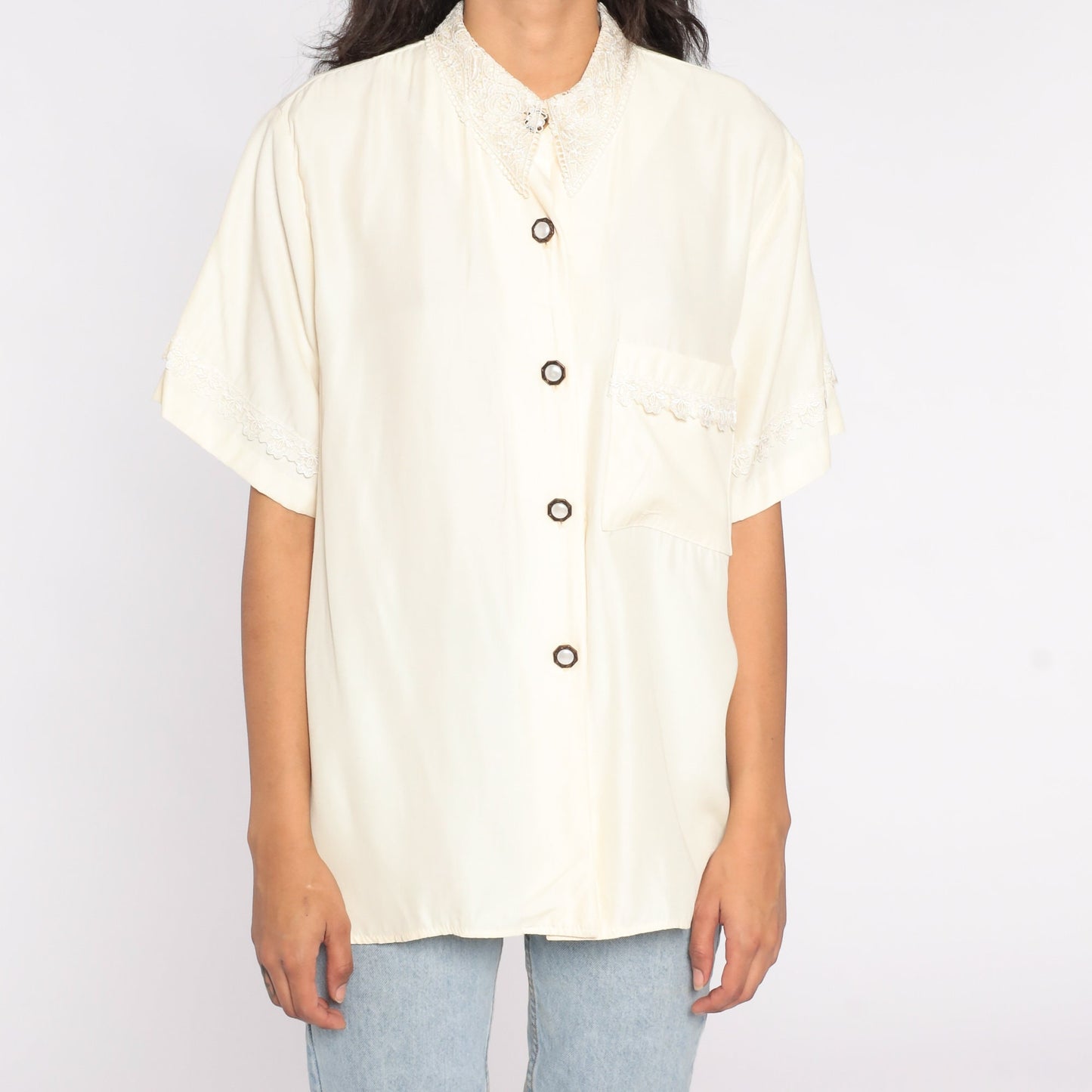 80s Cream Lace Collar Button-Up Blouse Short Sleeve Vintage Shirt XXL