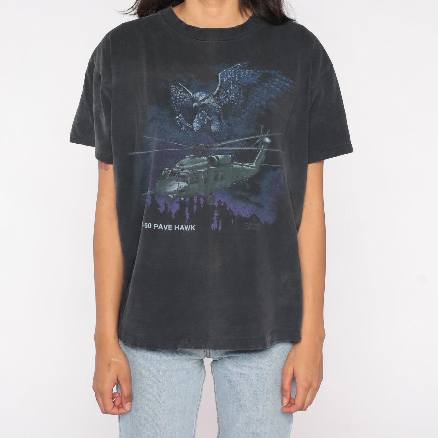 90s MH-60 Pave Hawk Helicopter Air Force Graphic Tee Black Cotton Large L