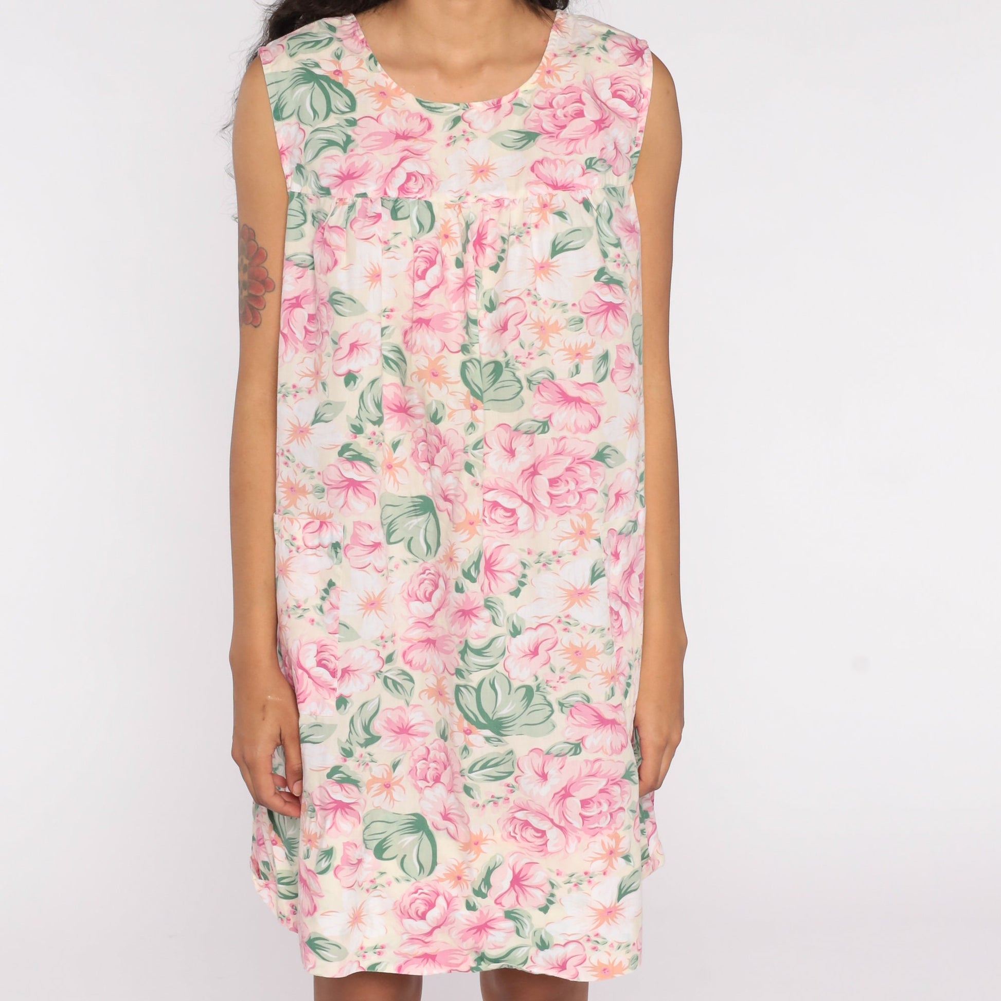 80s Floral Mini Dress Pink Green Cream Shift Sleeveless Medium
