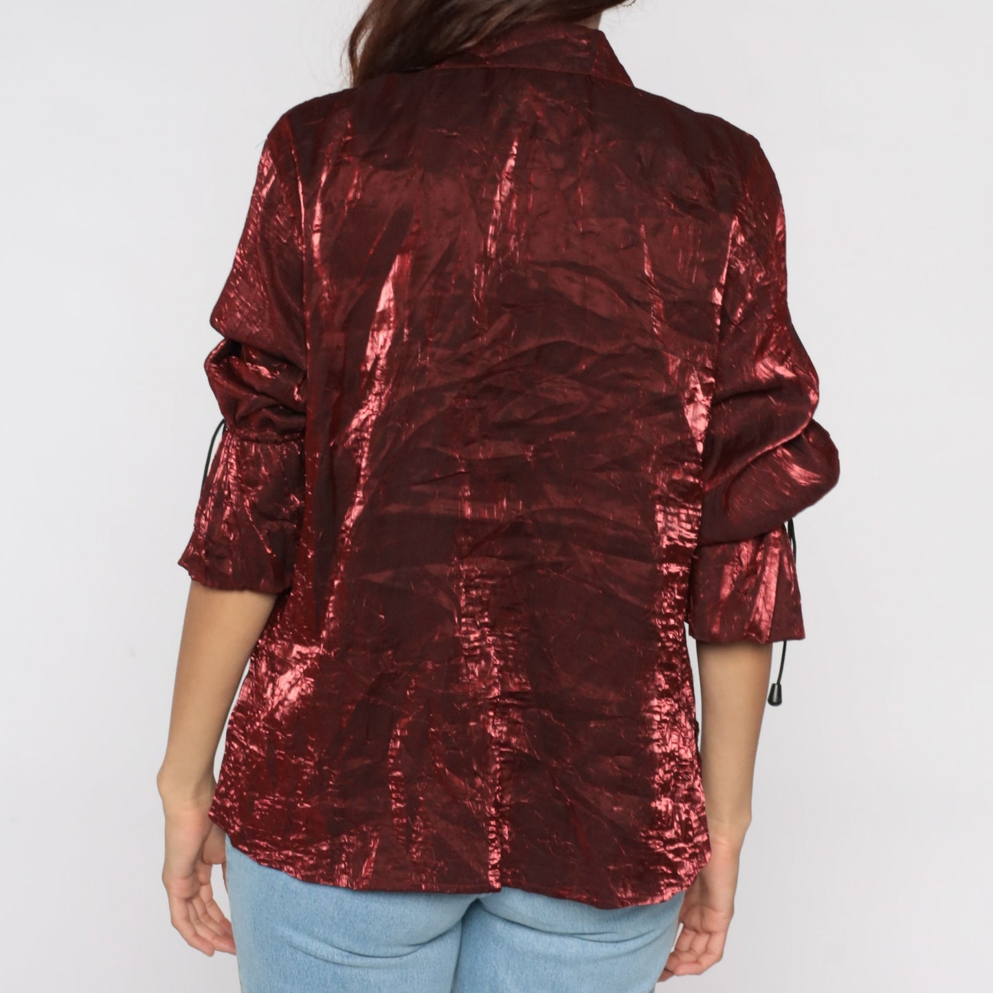 90s Shiny Red Iridescent Zip-Up Jacket Drawstring Sleeves Medium