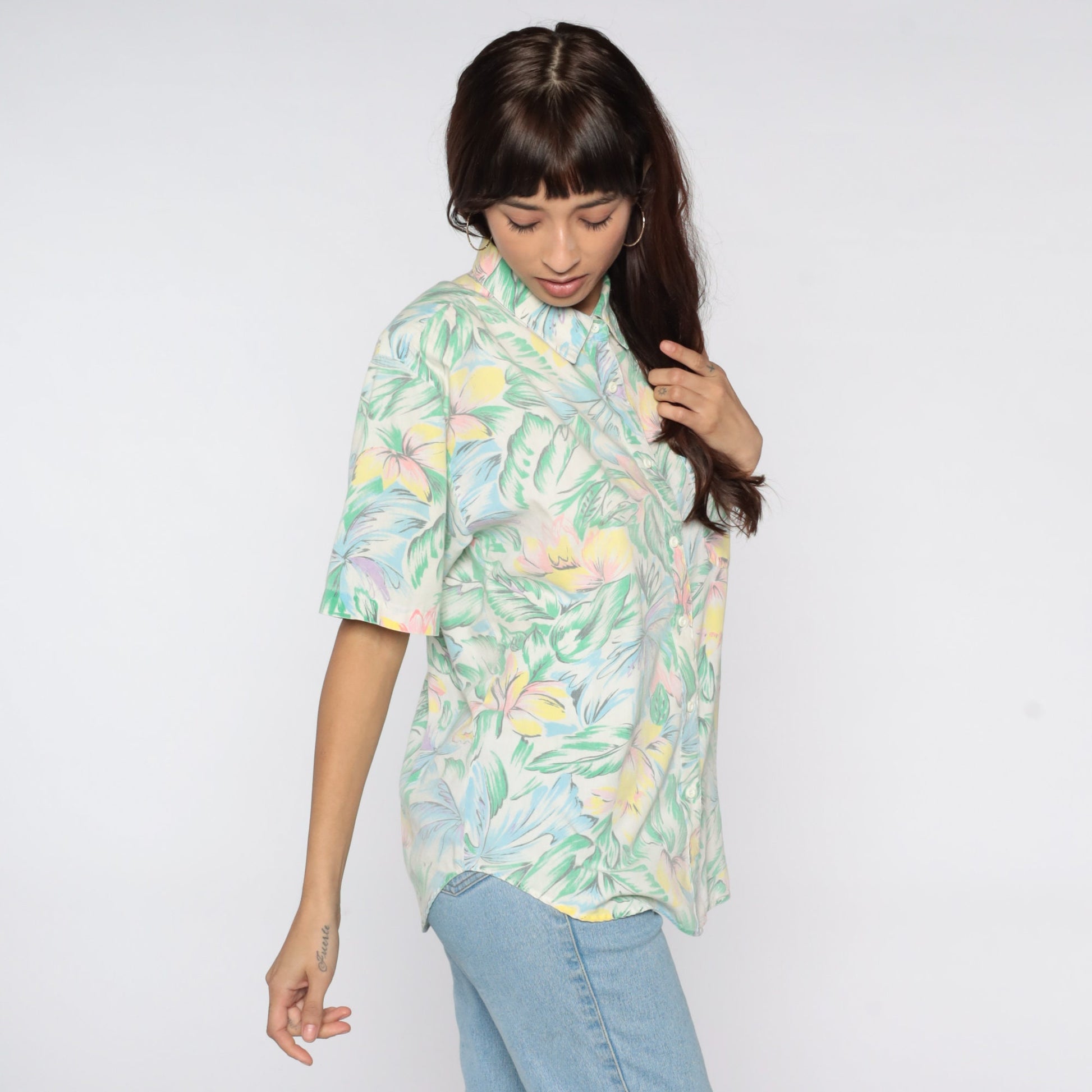 80s Tropical Floral Button-Up Shirt Green Pink Short Sleeve Medium