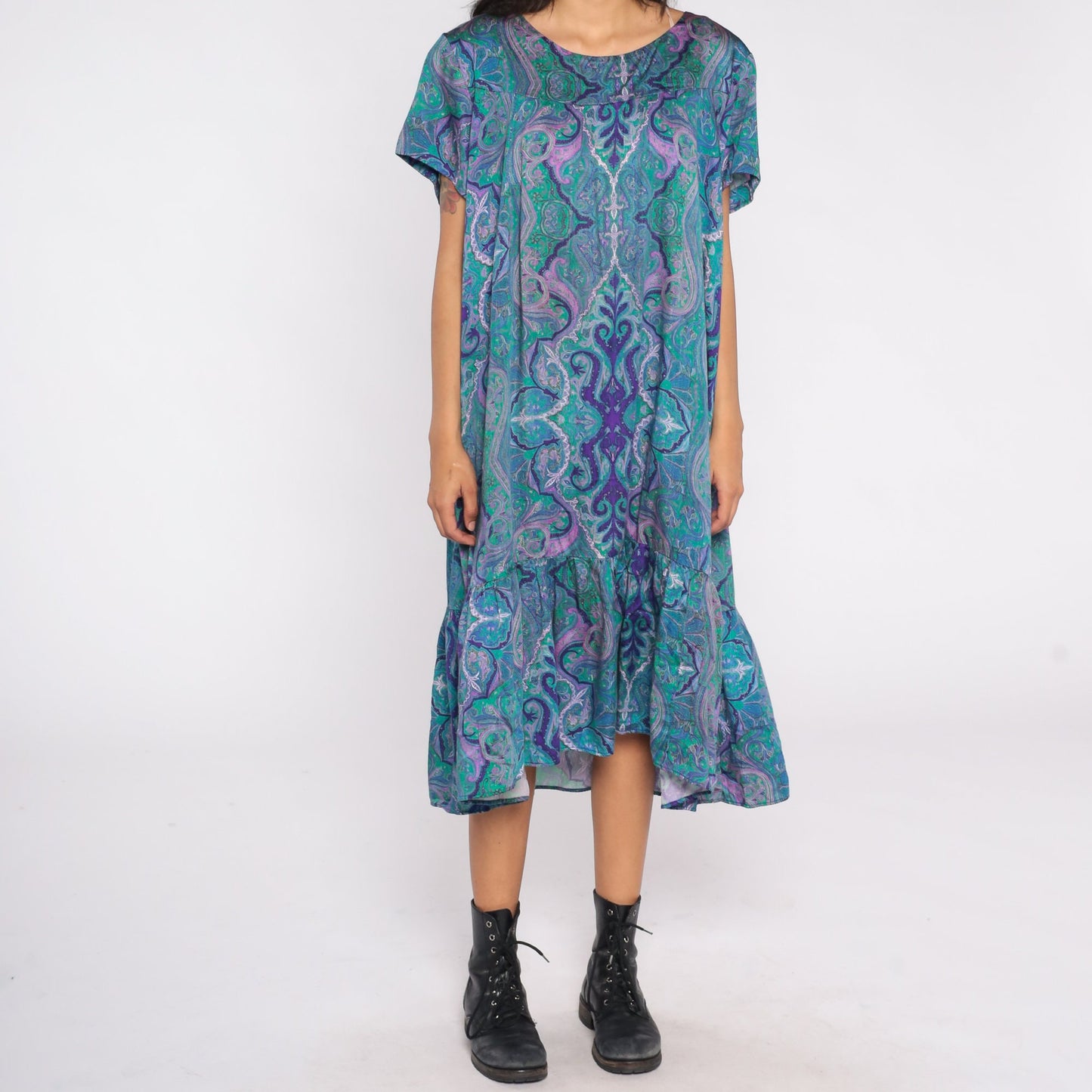 80s Psychedelic Tent Dress Midi Blue Print Short Sleeve Plus Size XXL