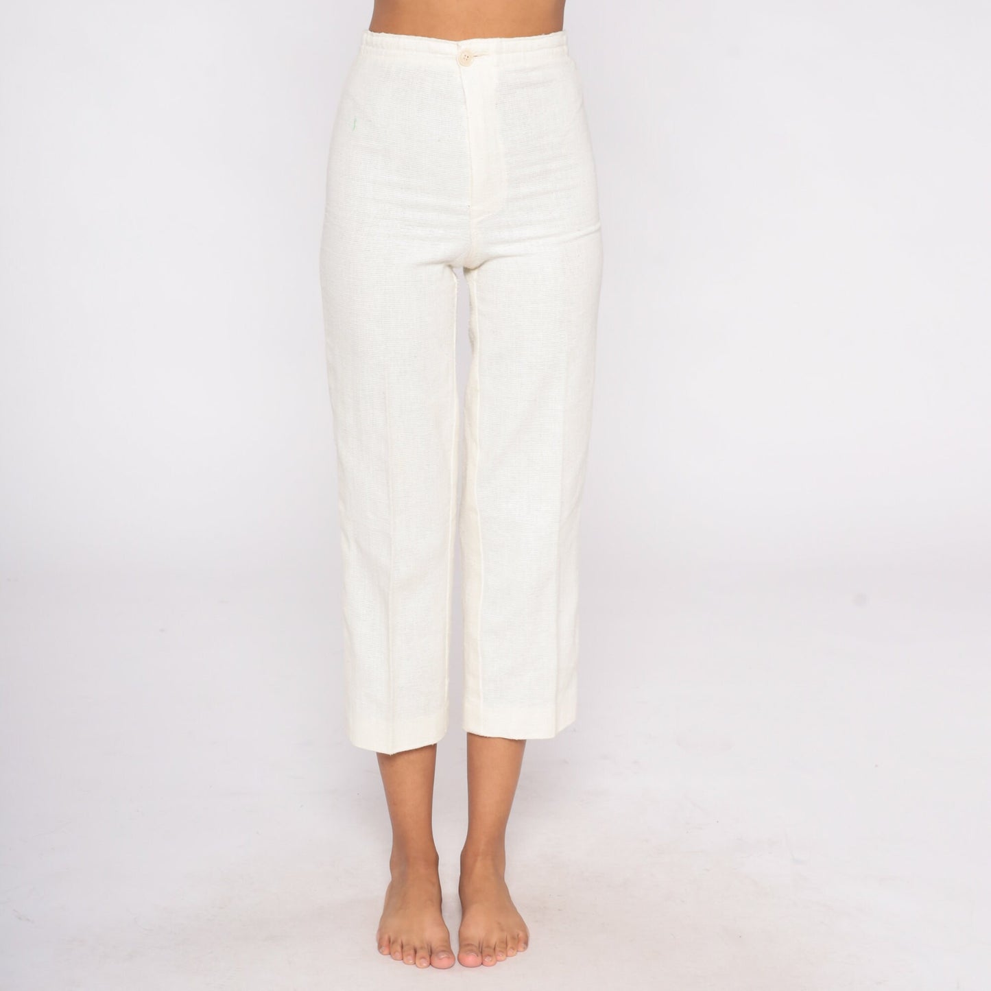 70s High-Waisted Straight Leg Linen Trousers Off-White Cropped Petite XXS