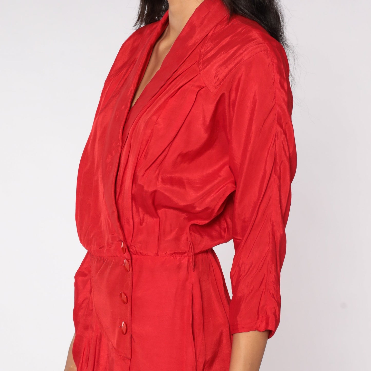 80s All That Jazz Red Wrap Midi Dress High Waist V Neck 3/4 Sleeve Medium