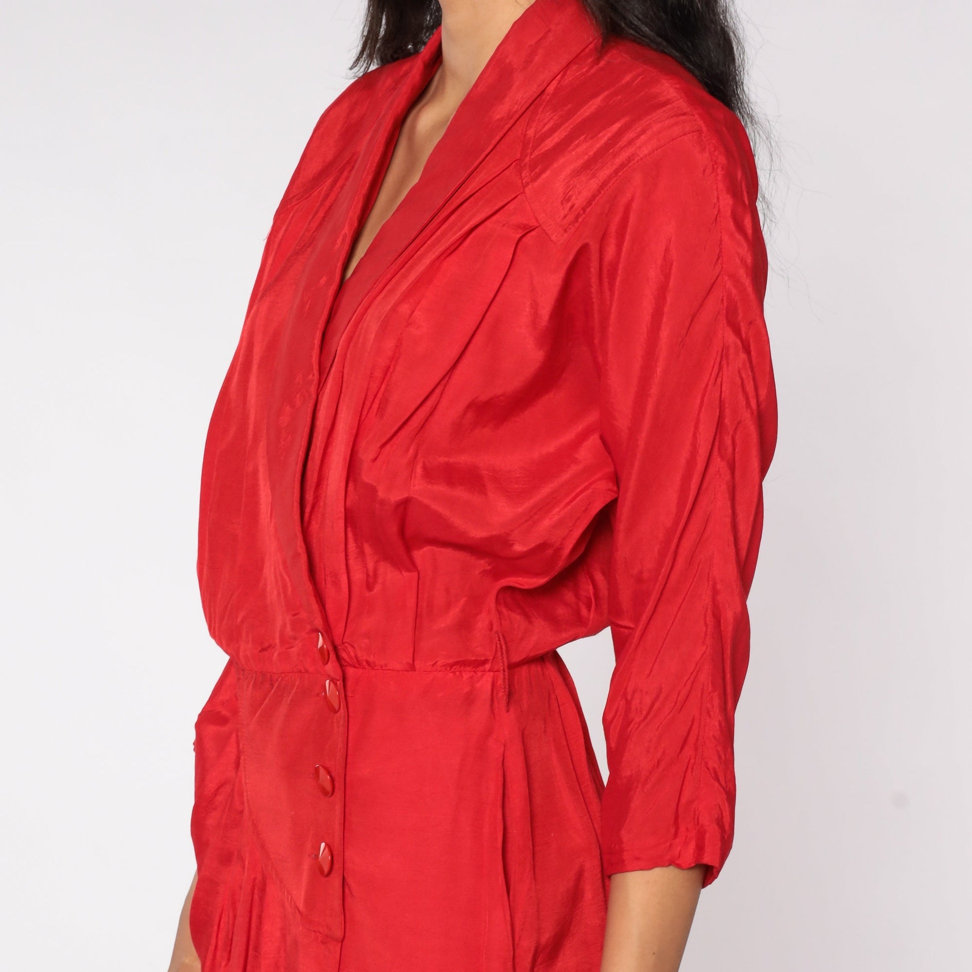 80s All That Jazz Red Wrap Midi Dress High Waist V Neck 3/4 Sleeve Medium
