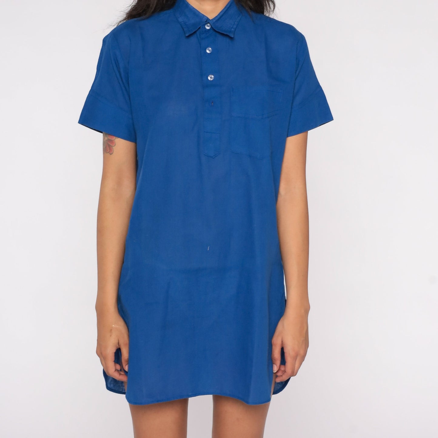 80s Blue Polo Shirt Dress Collared Button-Up Mini Side Slits Medium