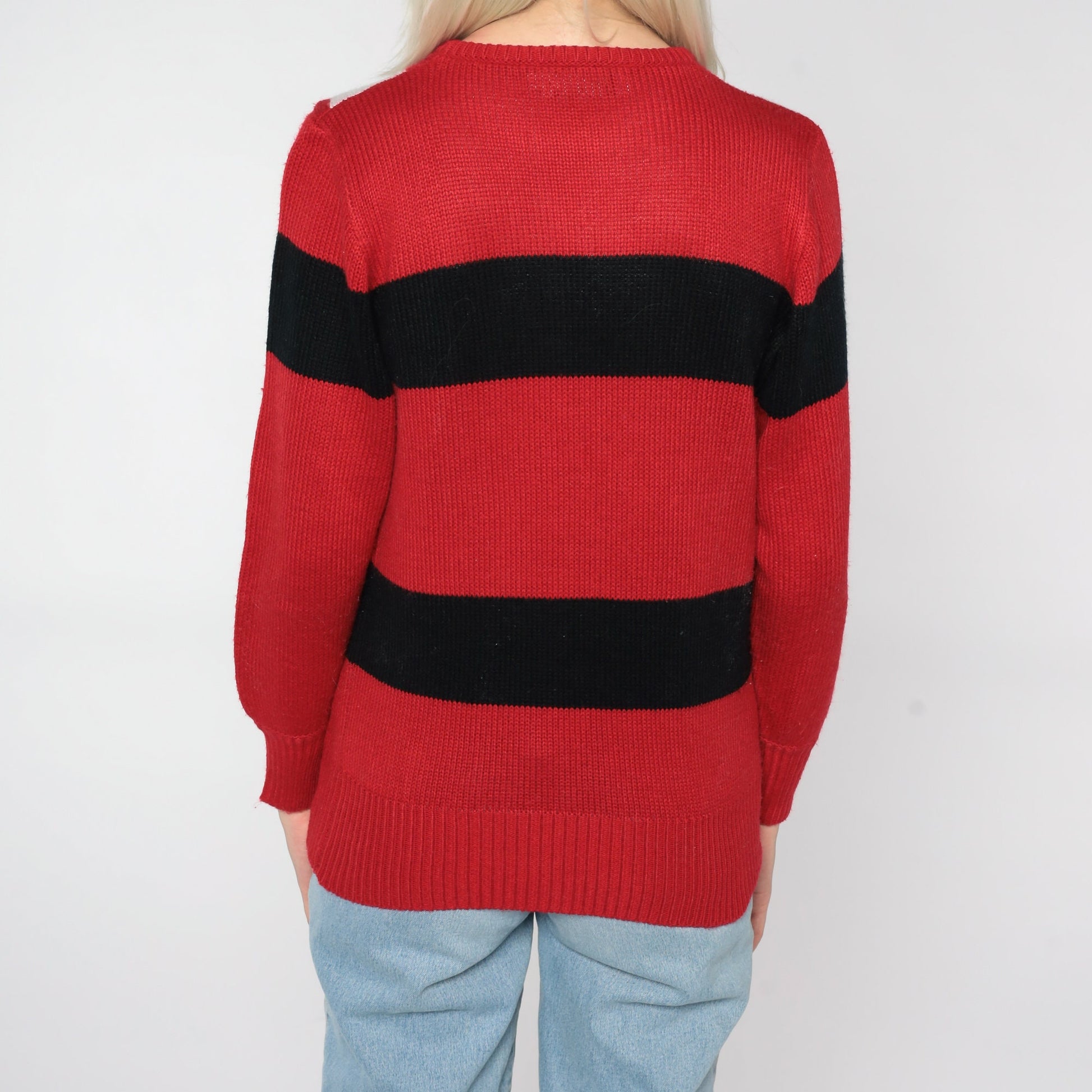80s Red White Black Striped Knit Sweater Crewneck Pullover Small S