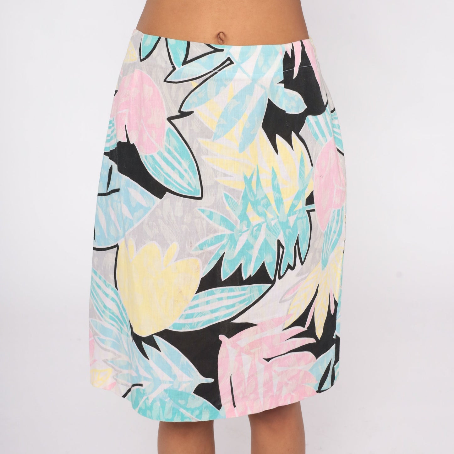 80s Tropical Leaf Midi Skirt Pastel Palm Print High Waist Medium