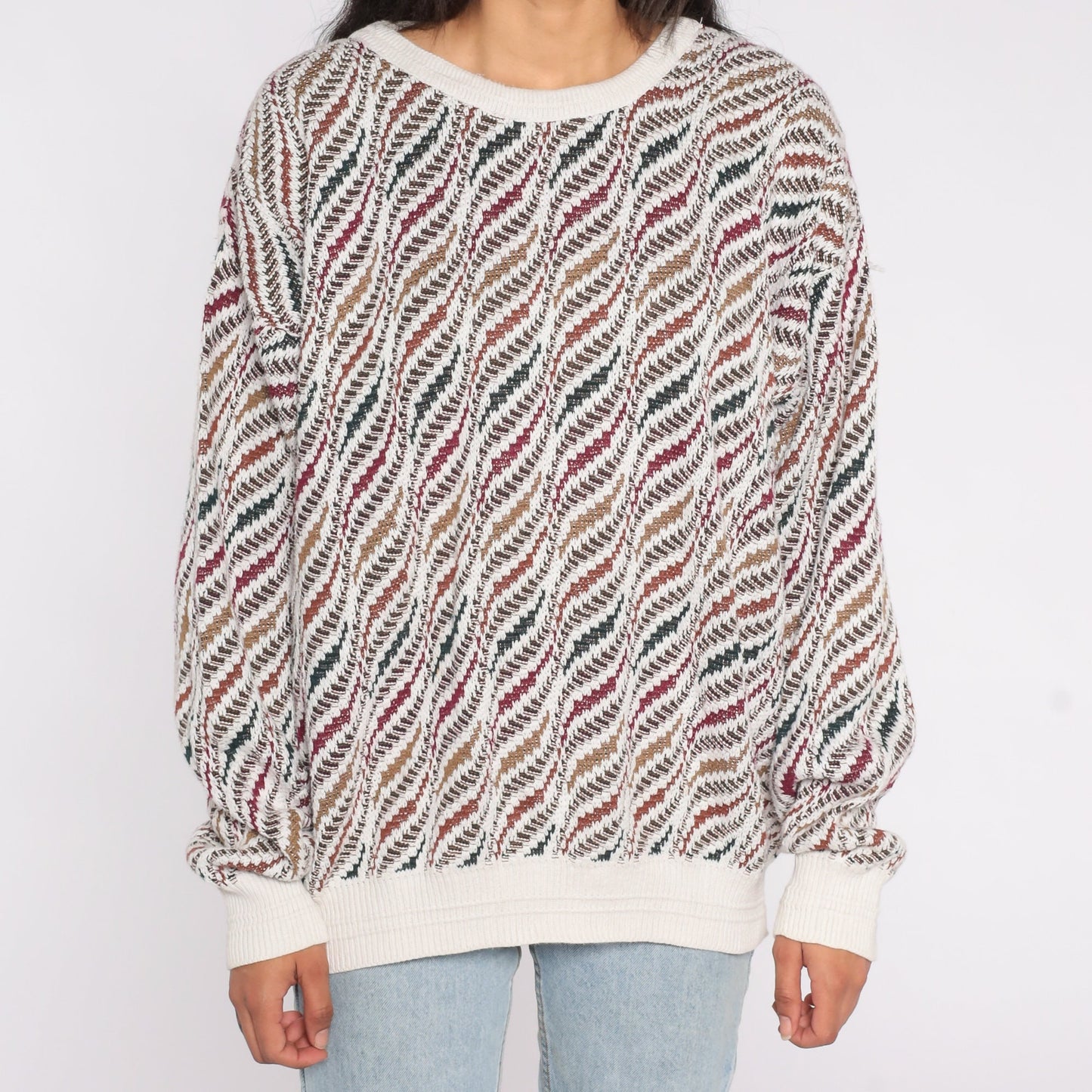 Geometric Print Knit Sweater White Cotton Pullover Extra Small XS