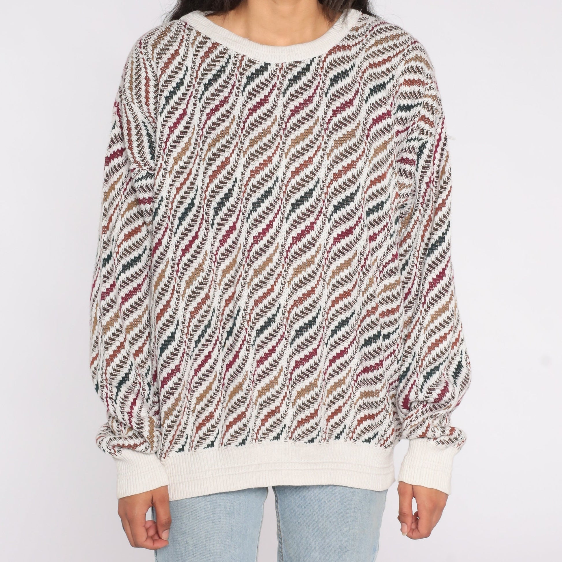 Geometric Print Knit Sweater White Cotton Pullover Extra Small XS