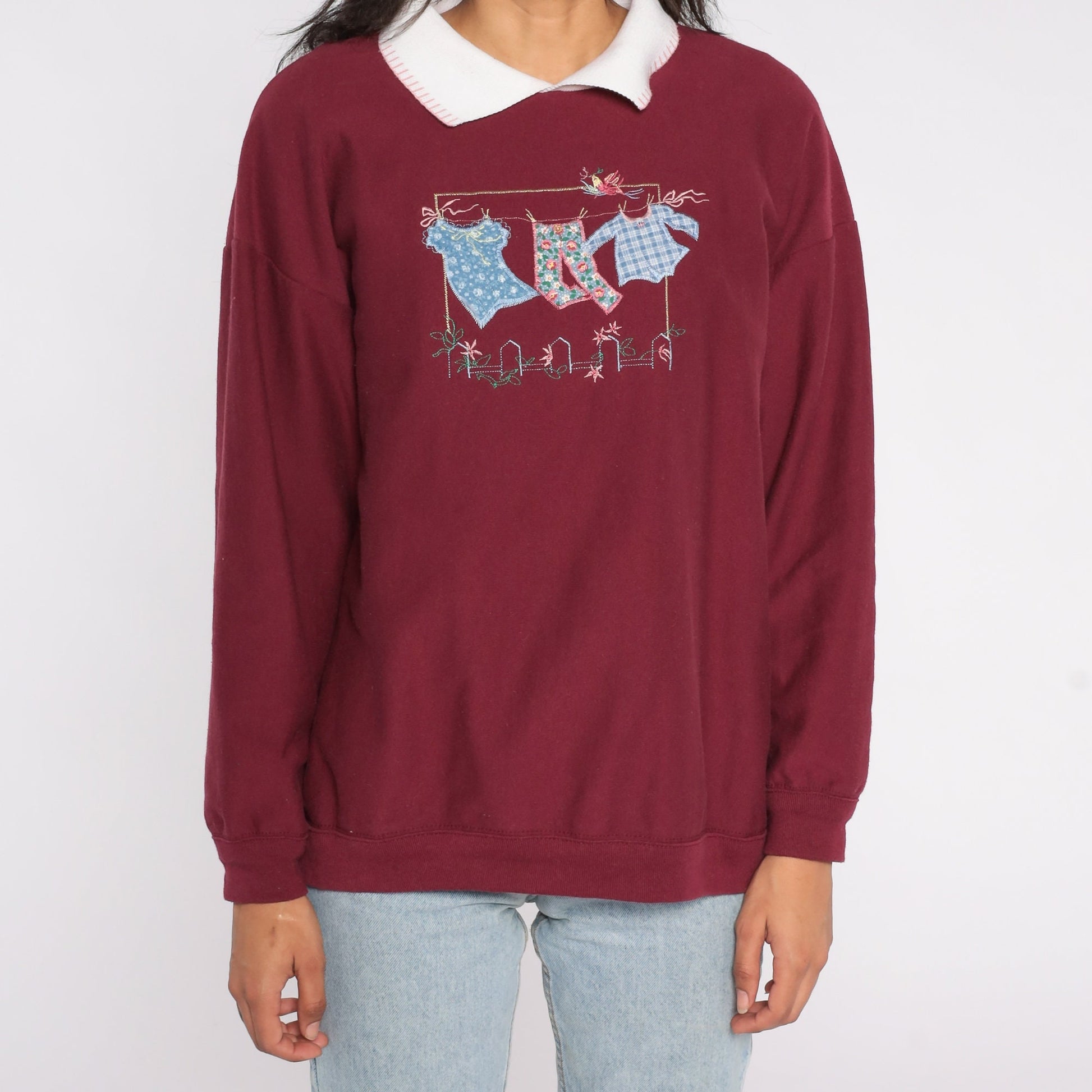 90s Laundry Graphic Collared Sweatshirt Burgundy Large L
