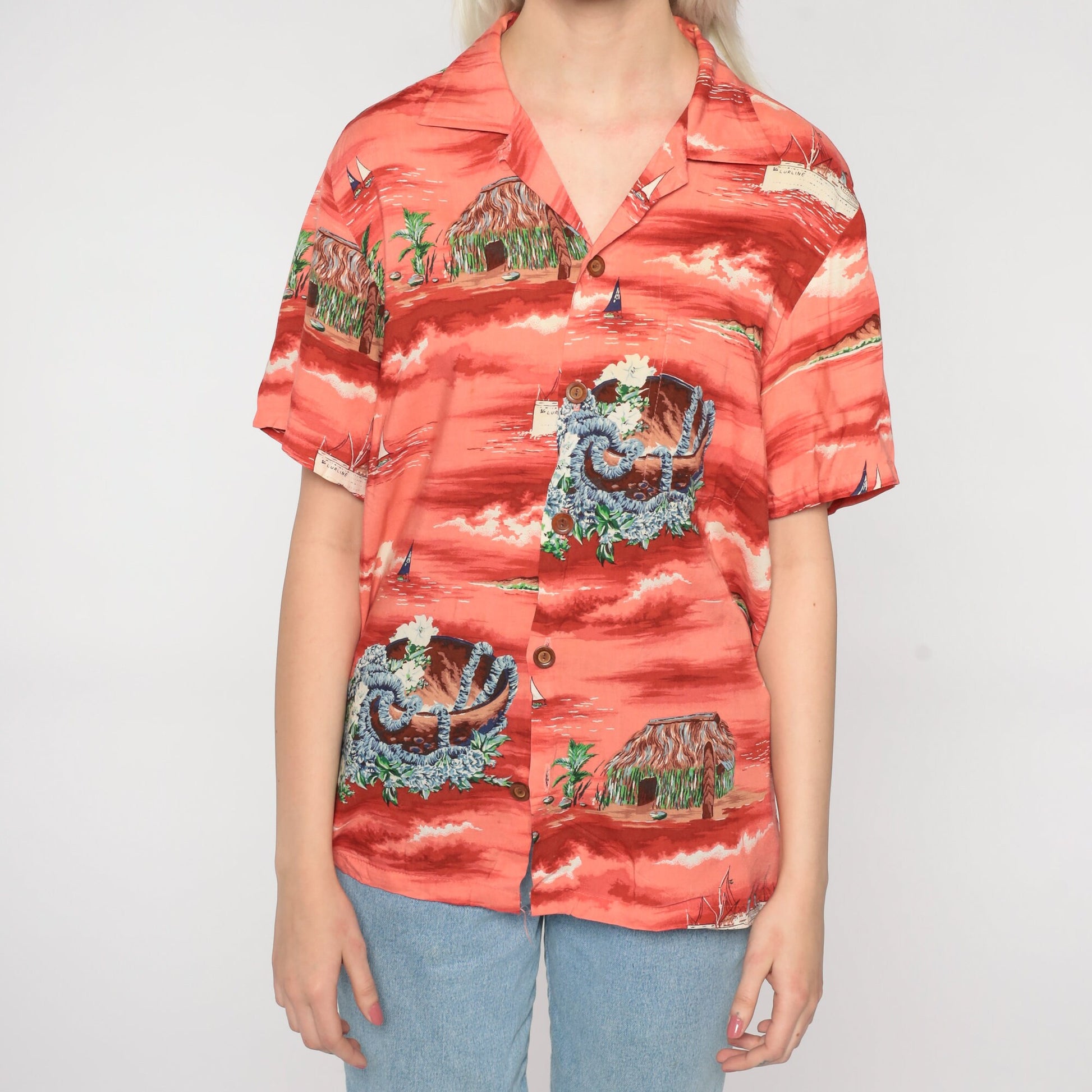 90s Ocean Pacific Hawaiian Shirt Red Tropical Print Button Up Medium