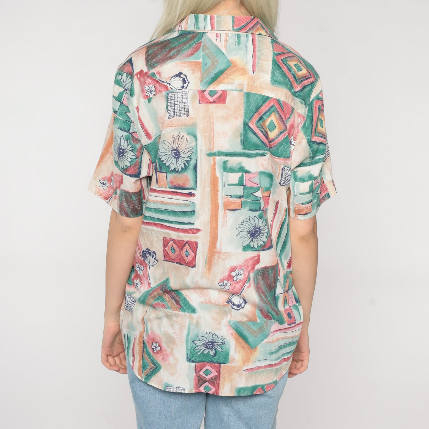 90s Geometric Floral Button-Up Blouse Red Green Abstract Print Medium