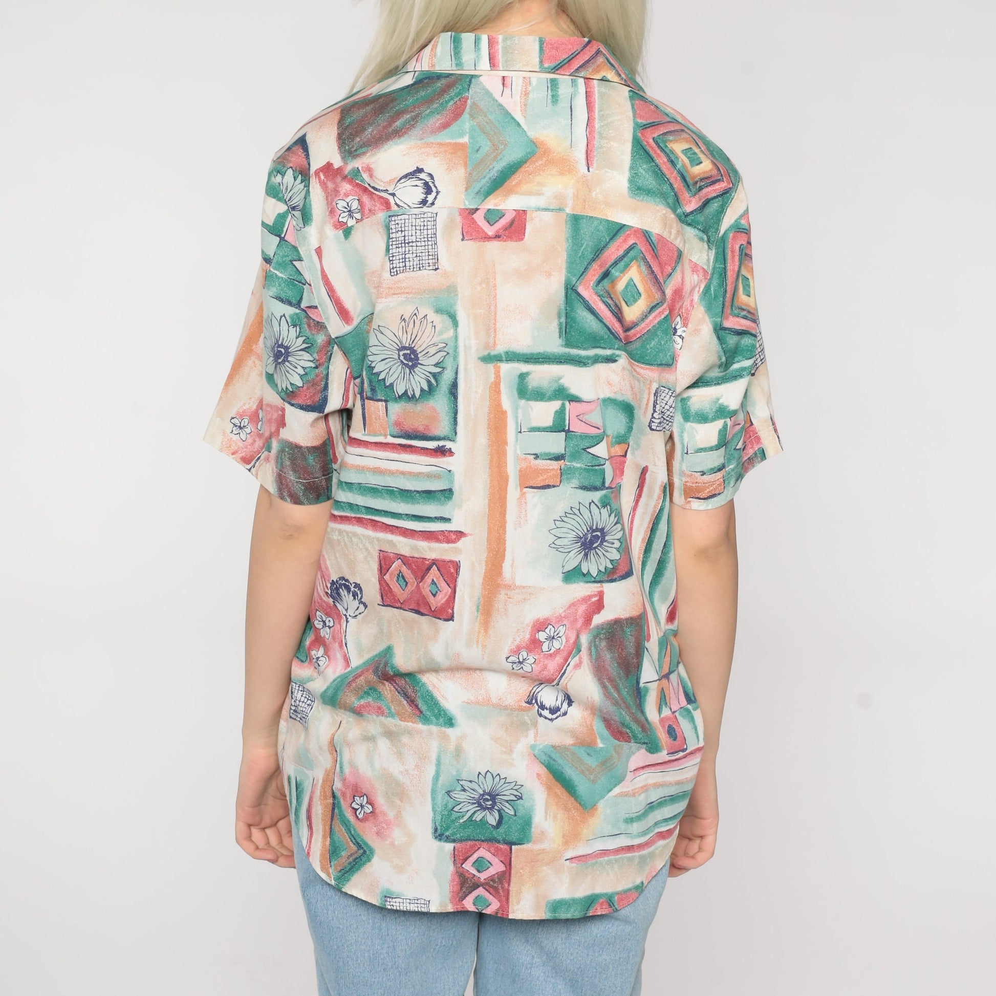 90s Geometric Floral Button-Up Blouse Red Green Abstract Print Medium