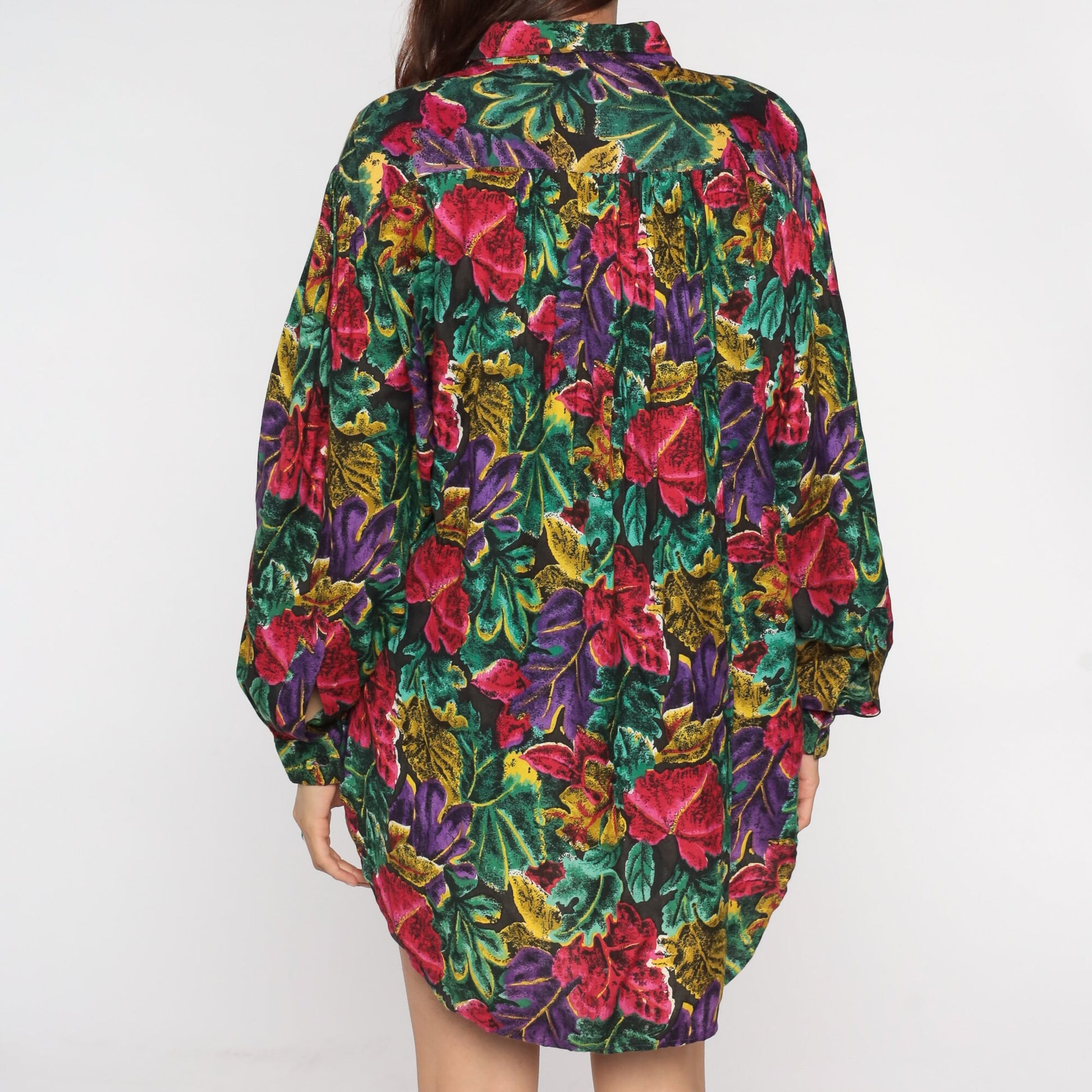 80s Tropical Floral Button-Up Blouse Dark Print Long Sleeve Collared Shirt Large L