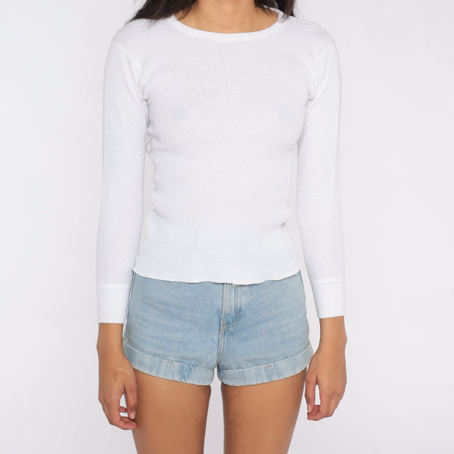 80s White Waffle Knit Thermal Long Sleeve Undershirt Small