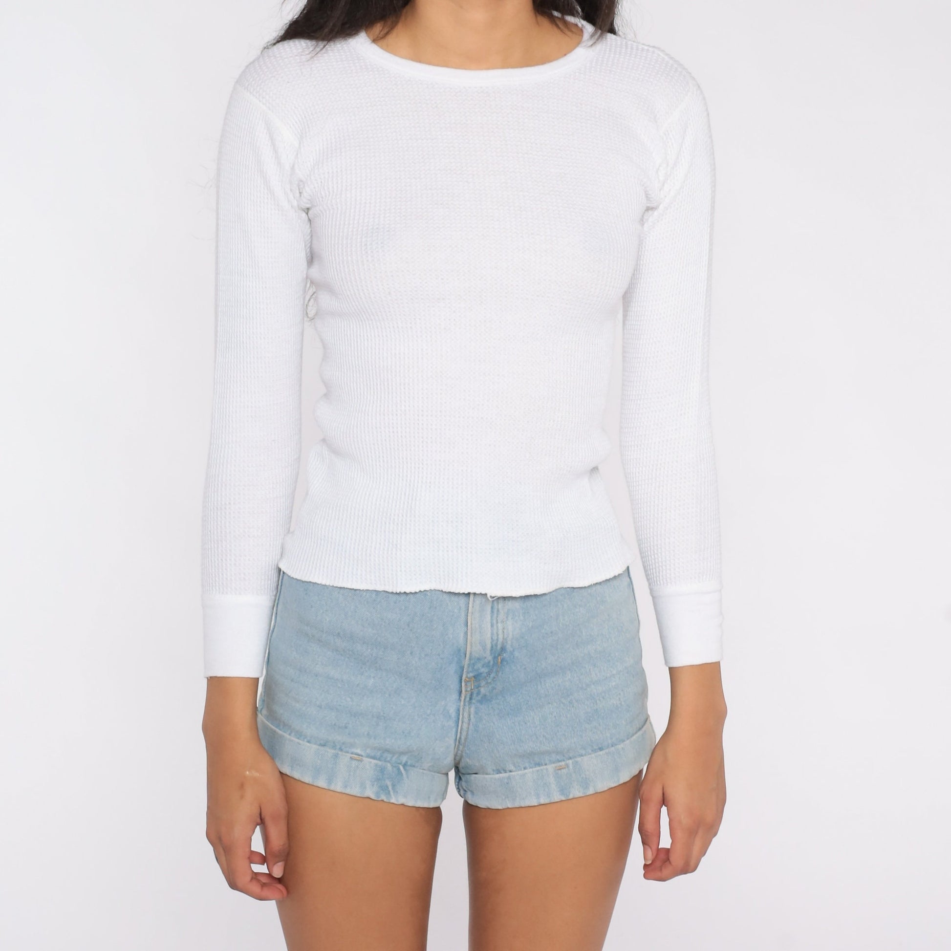 80s White Waffle Knit Thermal Long Sleeve Undershirt Small