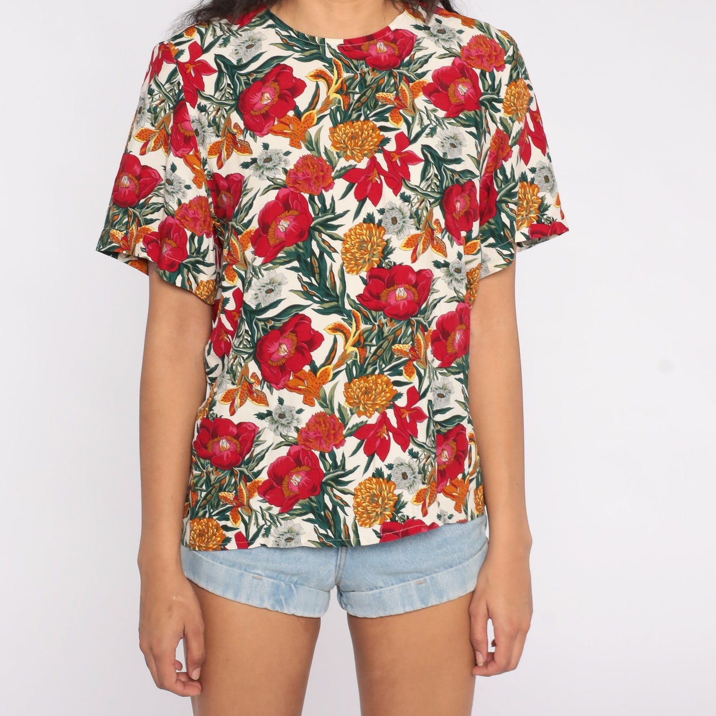 90s Floral Print Rayon Shirt Short Sleeve Blouse Small S
