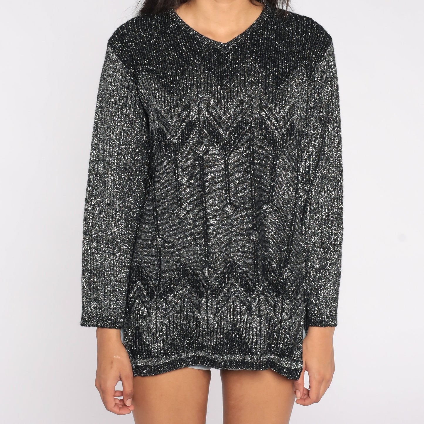90s Metallic Black Sparkly Knit Top V Neck Long Sleeve Large