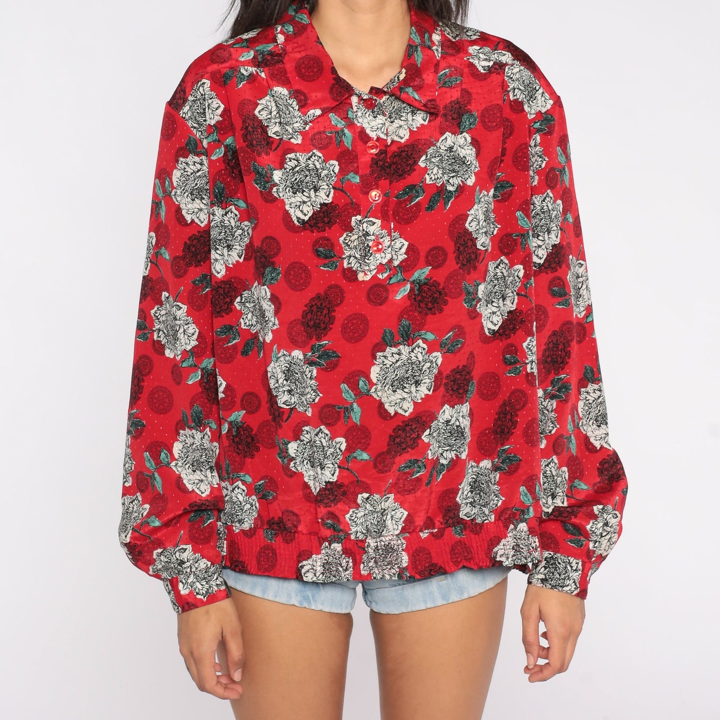 80s Red Floral Geometric Print Blouse Quarter Button Long Sleeve XXL