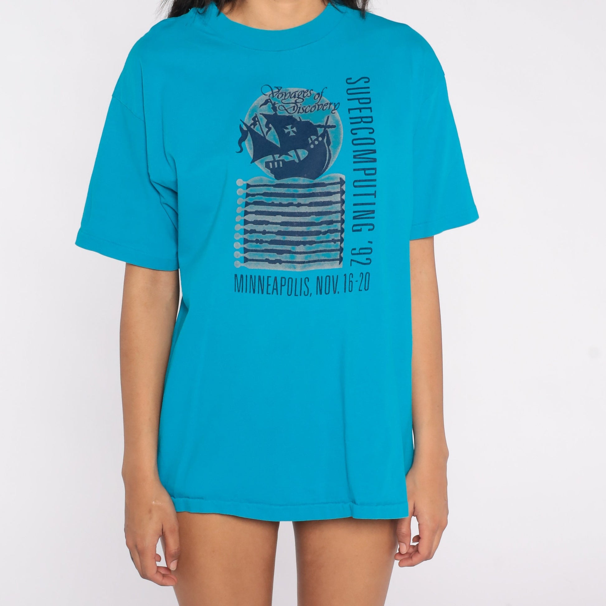 90s Minneapolis Supercomputing 1992 Voyages of Discovery Graphic Tee Blue Medium