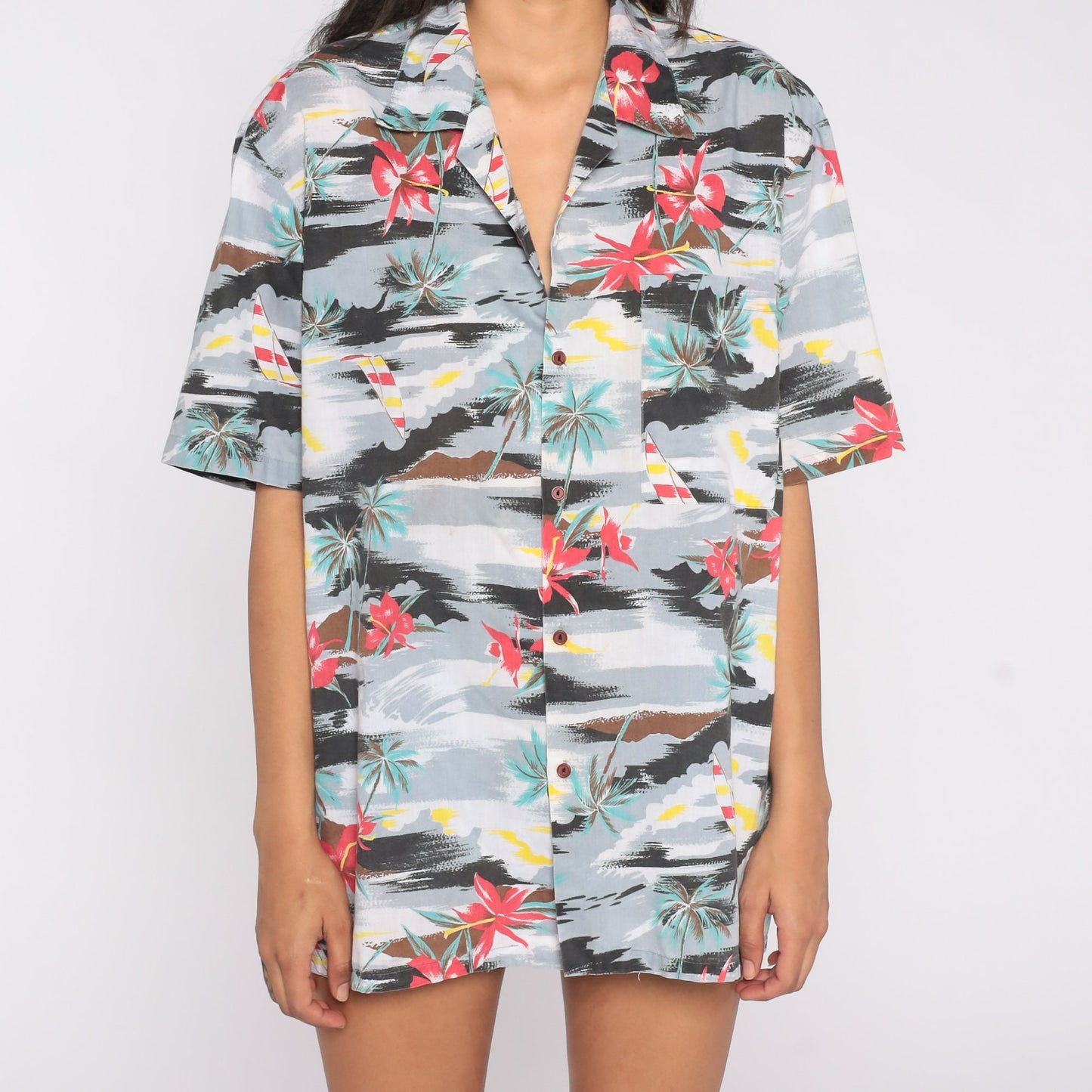 80s Hawaiian Shirt Grey Tropical Palm Tree Sailboat Button Up Men's Large