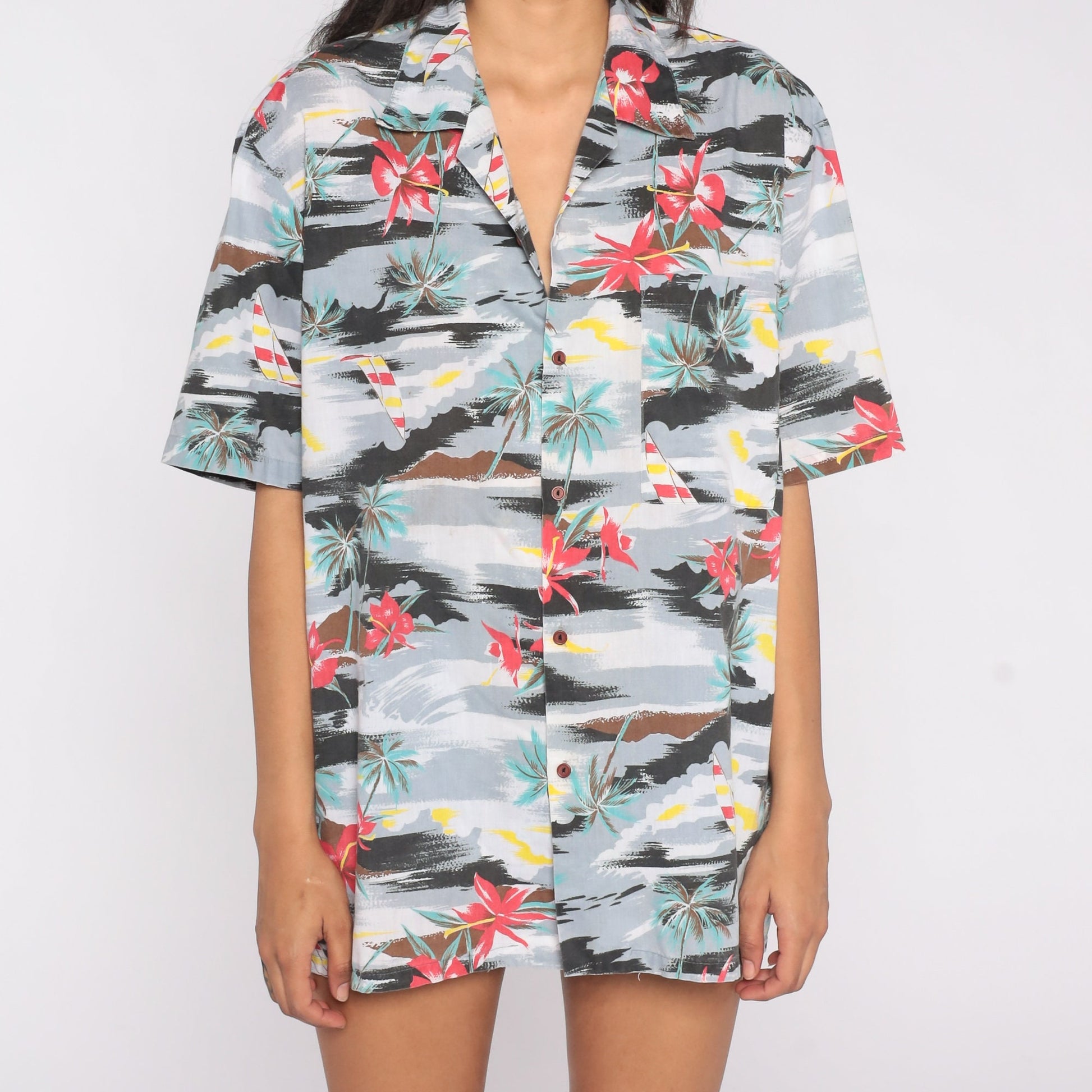 80s Hawaiian Shirt Grey Tropical Palm Tree Sailboat Button Up Men's Large