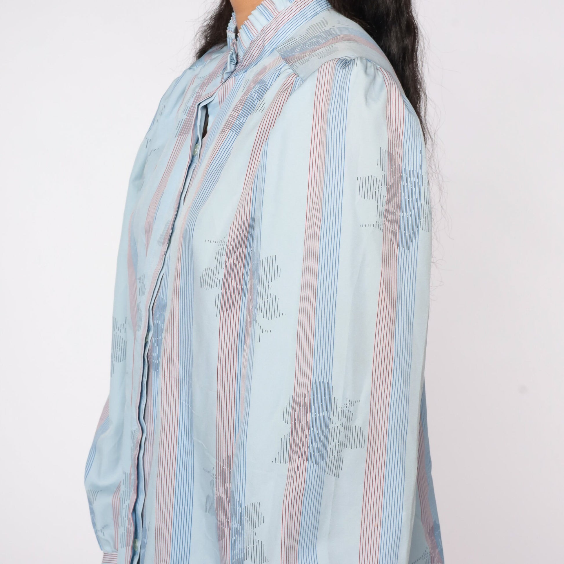 80s Blue Striped Floral Ruffle Neck Blouse Puff Sleeve Button Top Extra Large XL