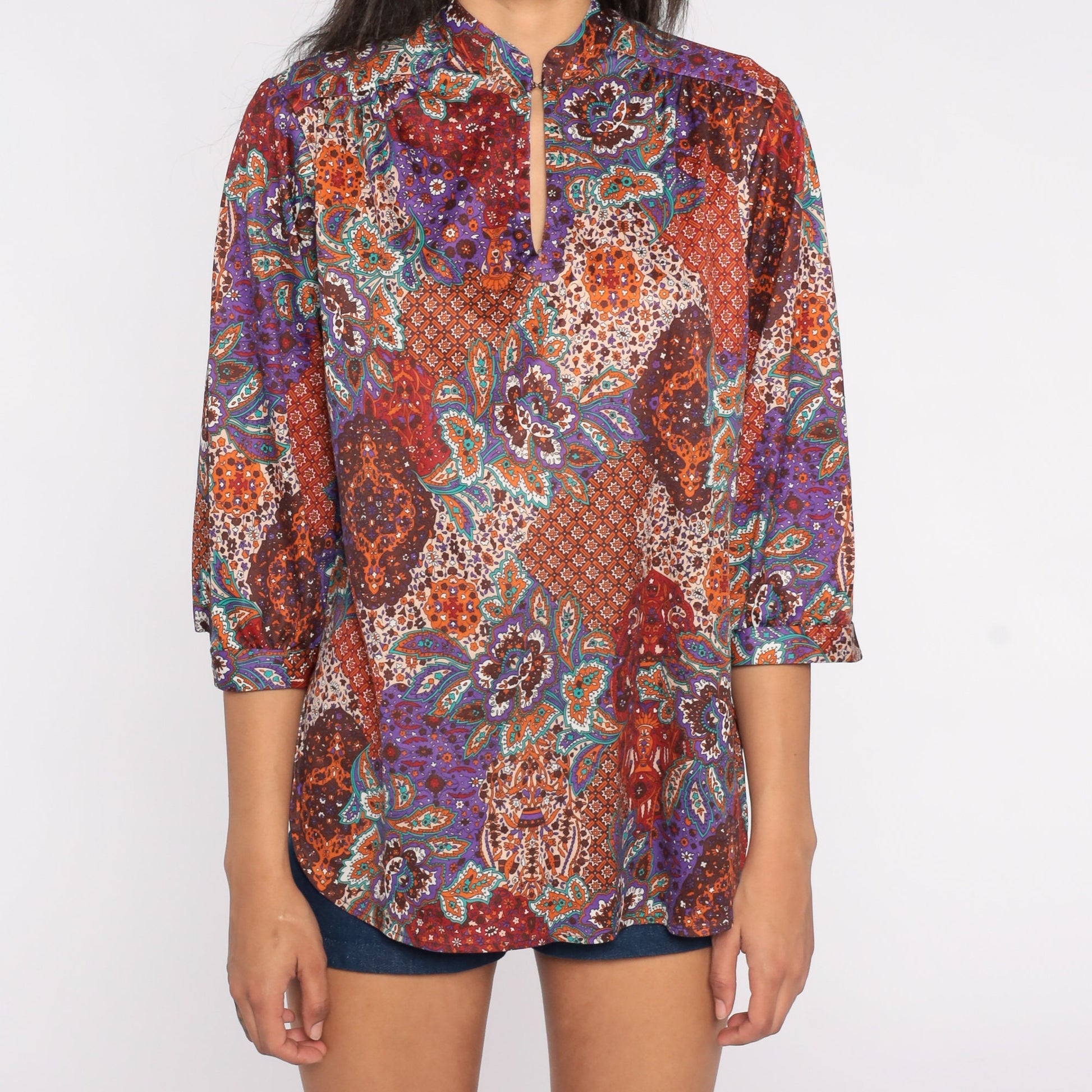 70s Paisley Floral Blouse Keyhole Neck 3/4 Sleeve Patchwork Top Large
