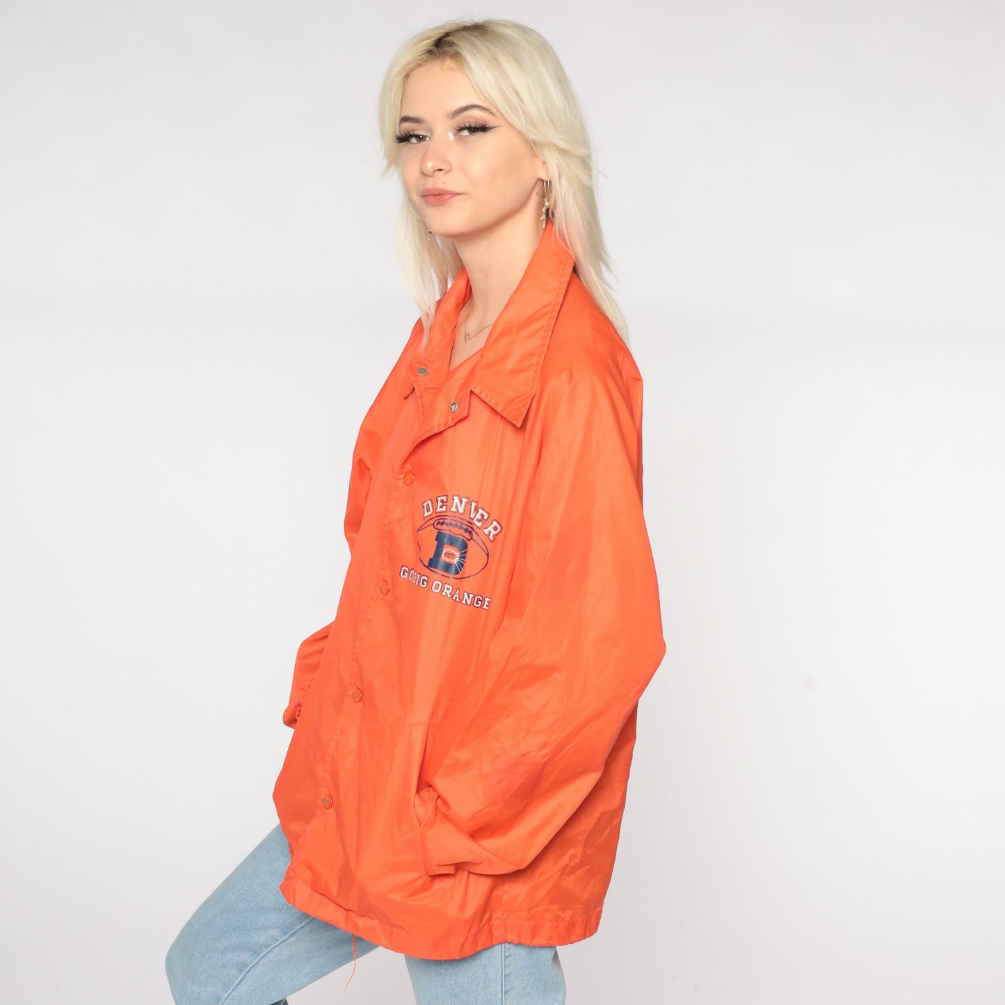 70s Denver Broncos Nylon Windbreaker Snap Jacket Orange Large