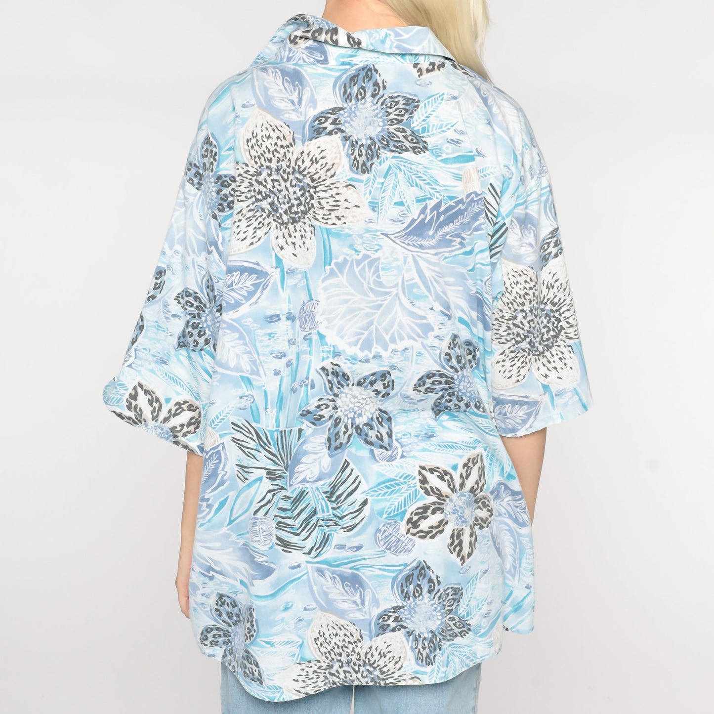 90s Blue Tropical Floral Hawaiian Button-Up Shirt Plus Size XXL