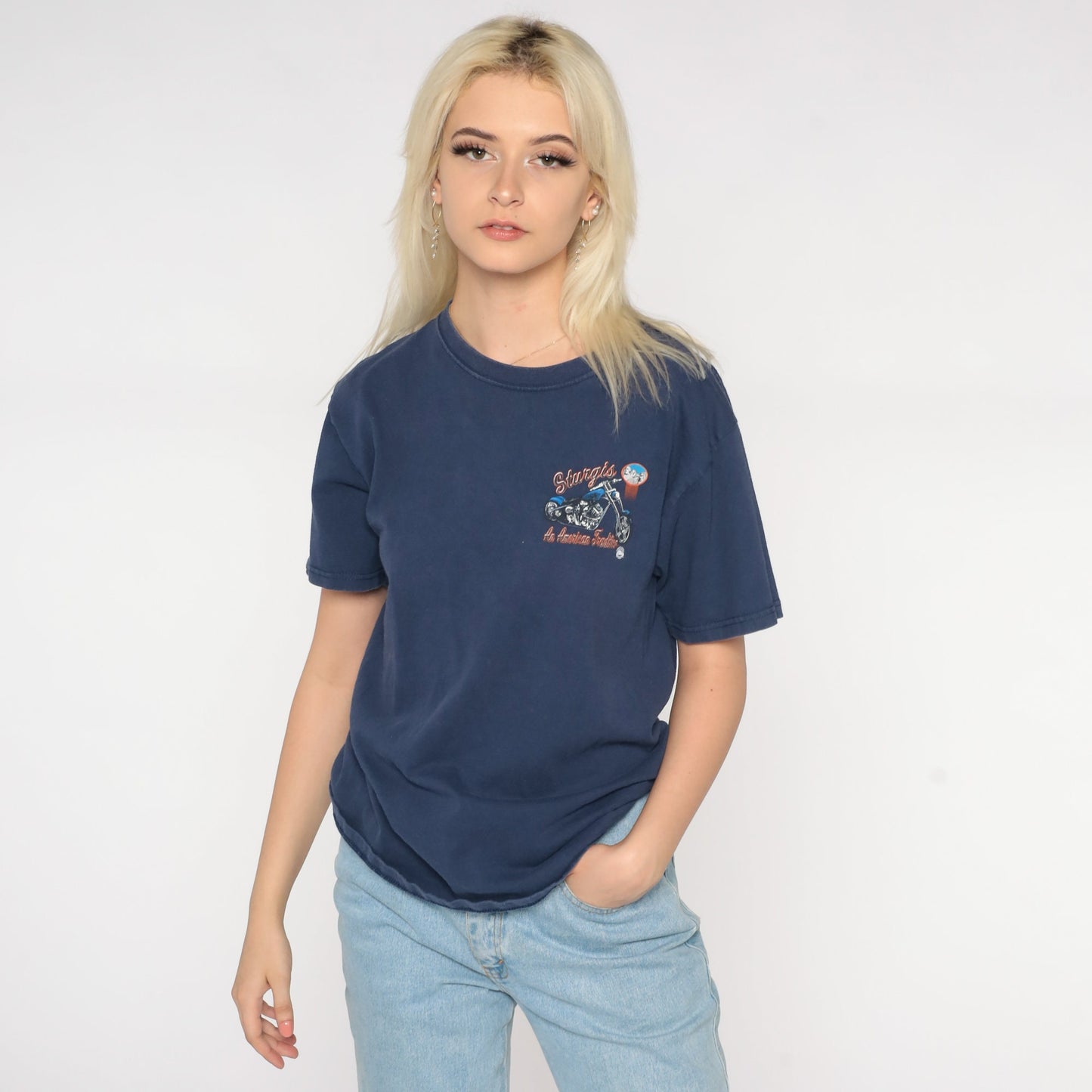 Y2K Sturgis Motorcycle Rally Graphic Tee Blue Cotton Small