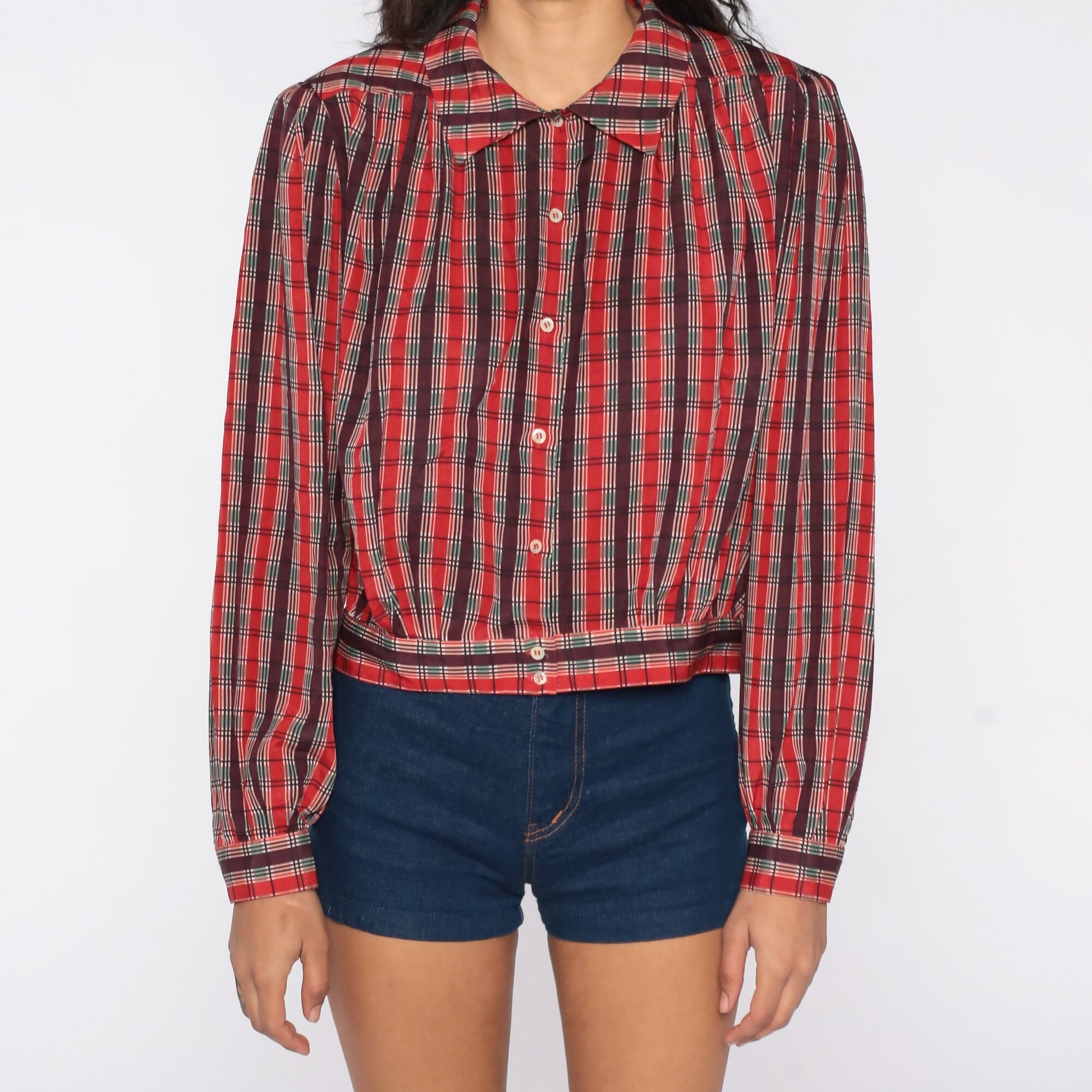 80s Liz Claiborne Plaid Blouse Puff Sleeve Button-Up Red Green Large
