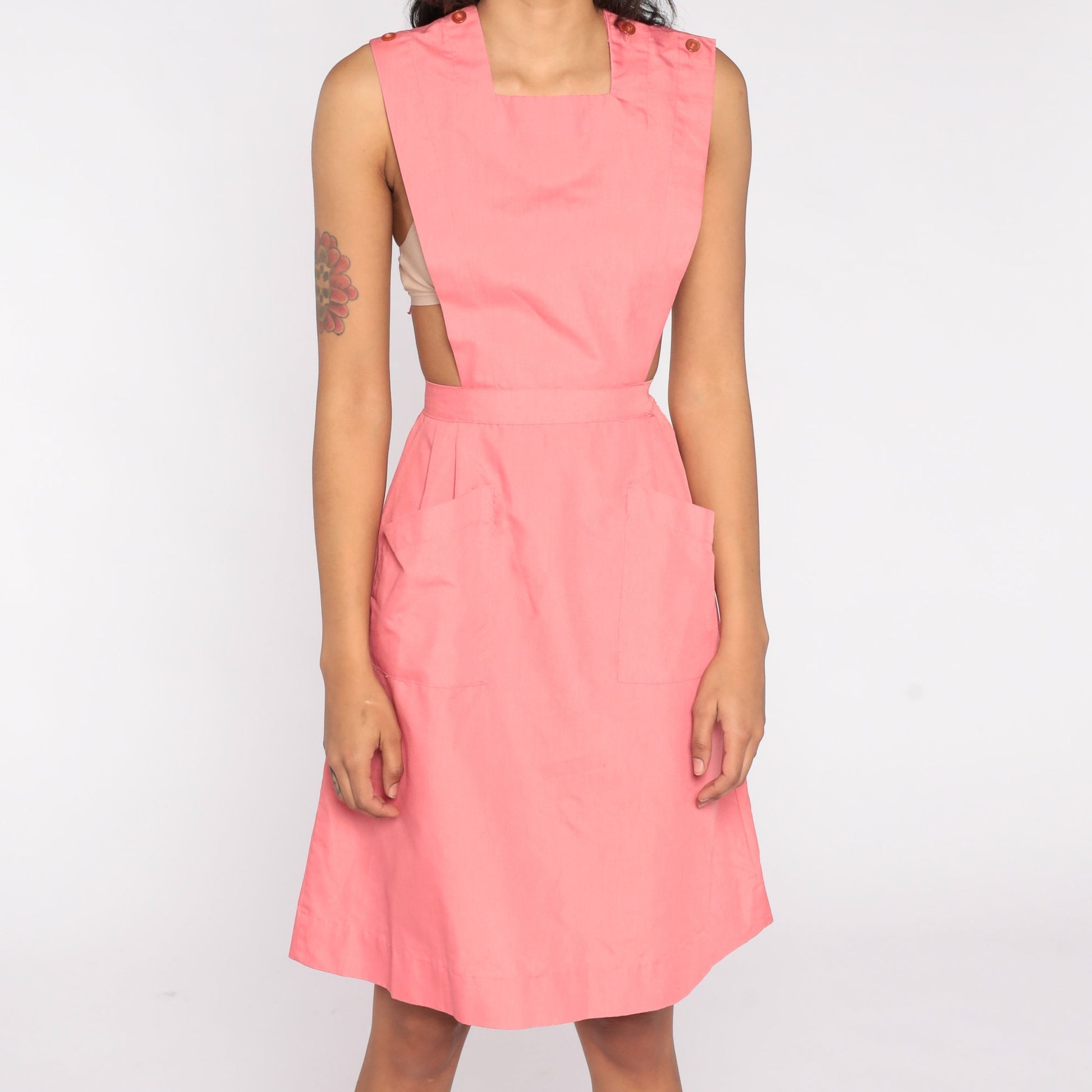 80s Pink Apron Jumper Dress Sleeveless High Waist Pockets Small