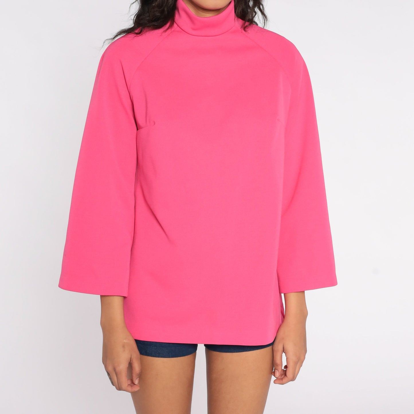 70s Bright Pink Turtleneck Blouse Raglan Sleeve Zip Back Medium