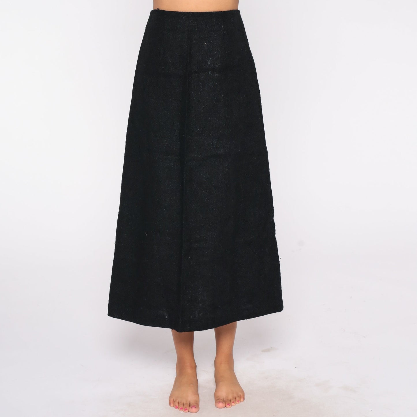 60s Black Tweed Maxi Skirt High Waist Back Zip Small