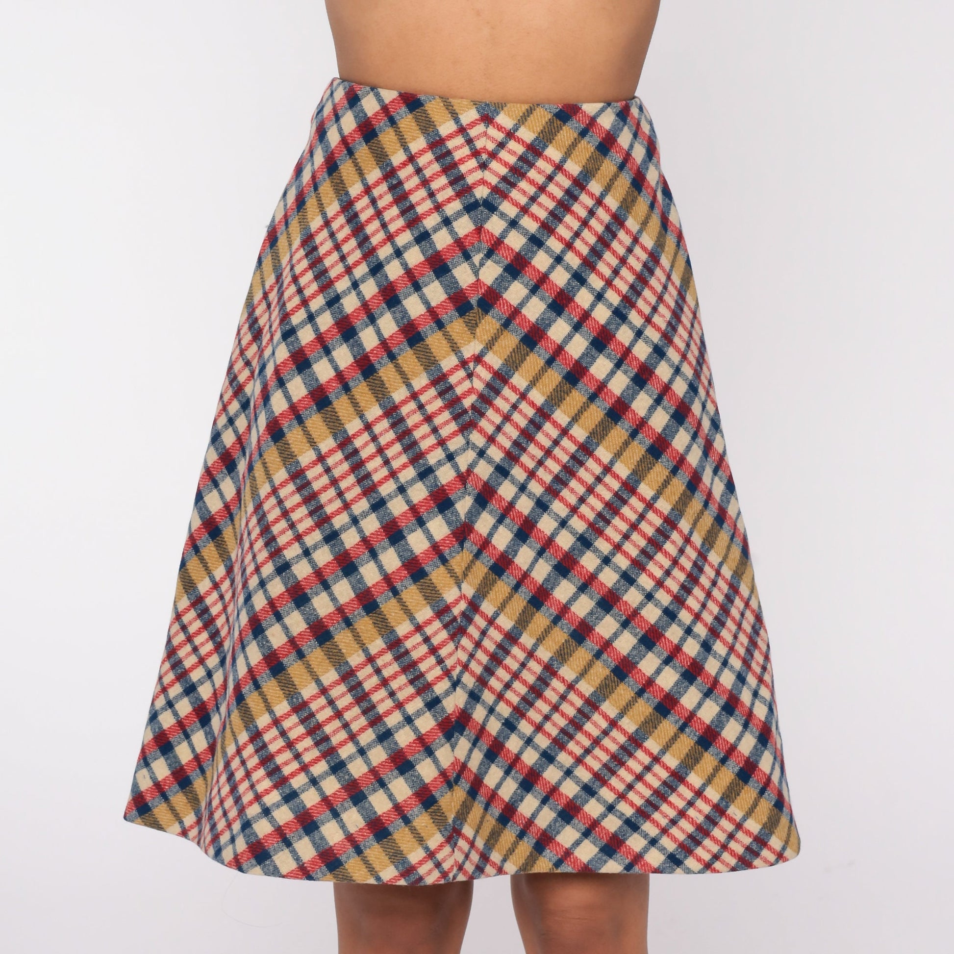 60s Madras Plaid Wool Skirt High Waist Flared Preppy Extra Small XS