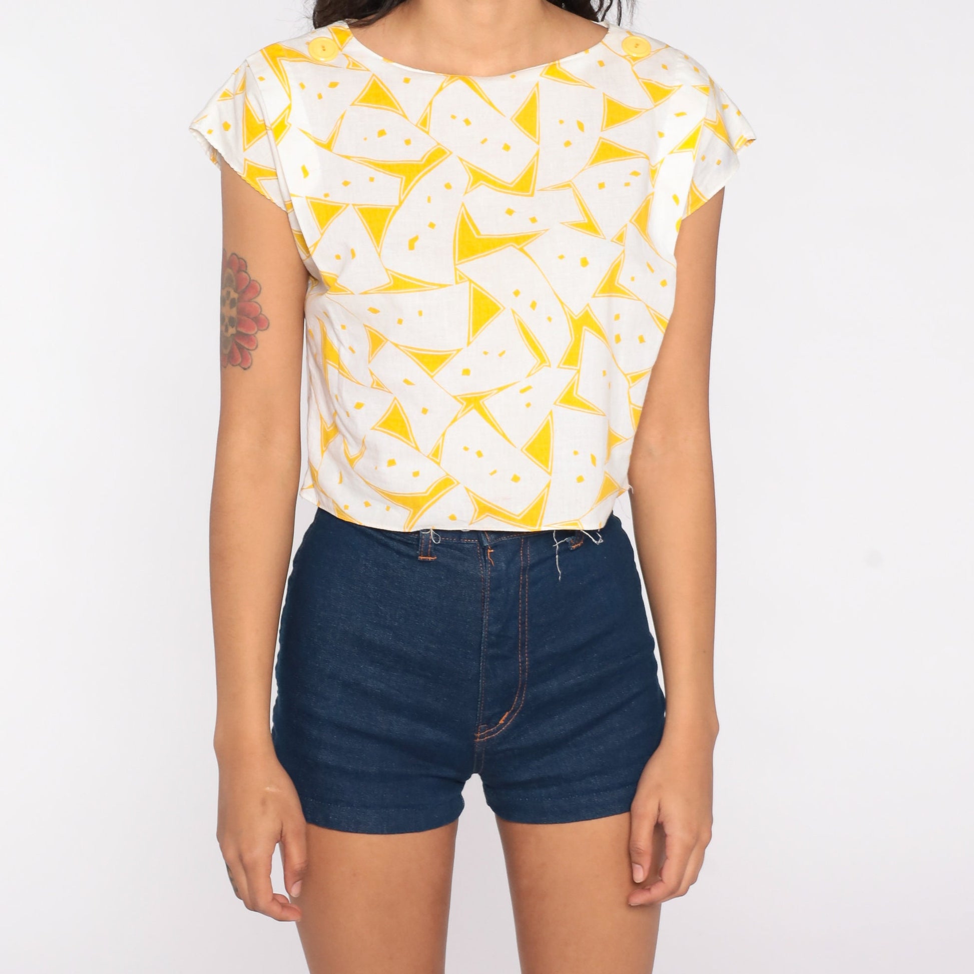 80s Geometric Crop Top White Yellow Abstract Print Cap Sleeve Small