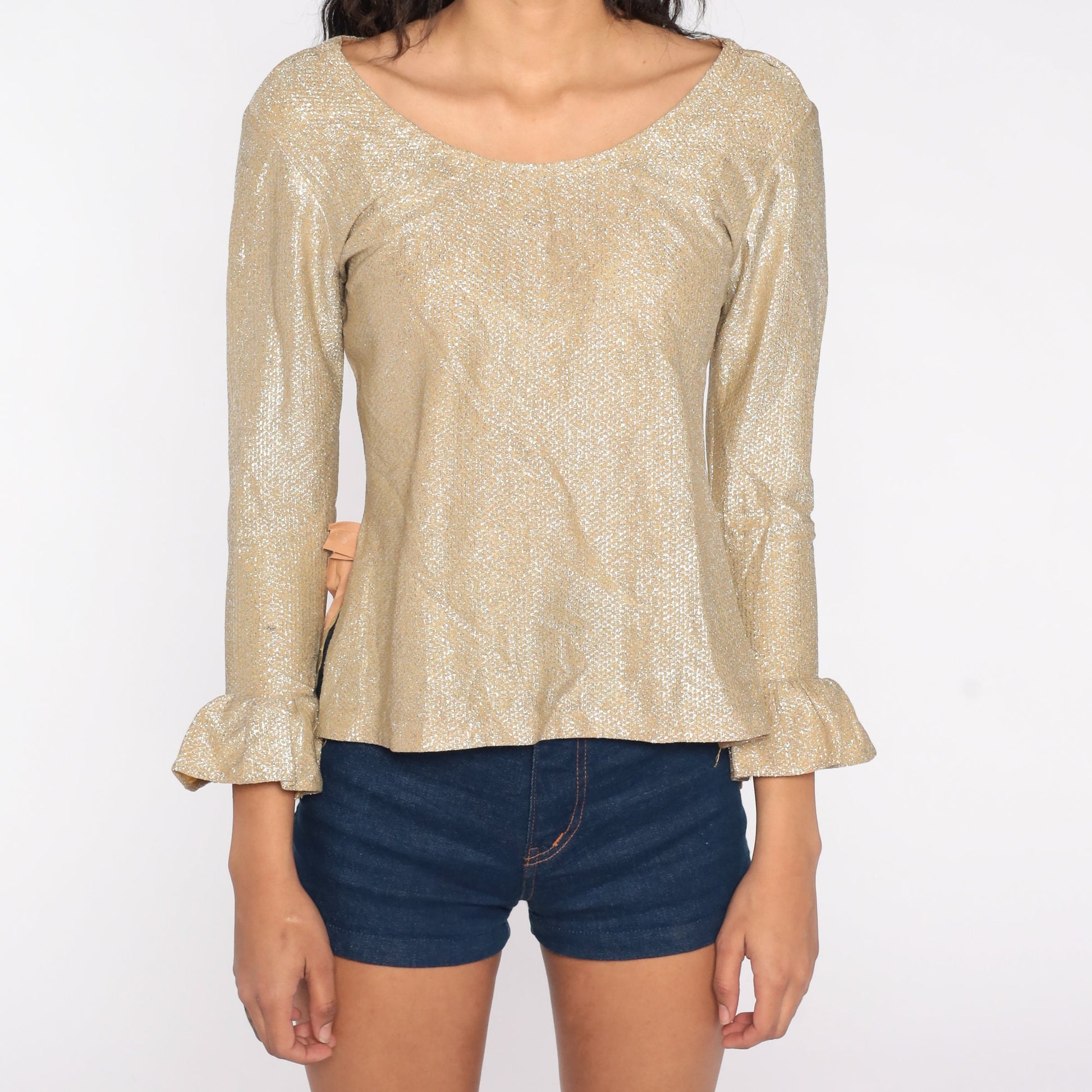 60s Metallic Gold Silver Blouse Bell Sleeve Party Top Extra Small