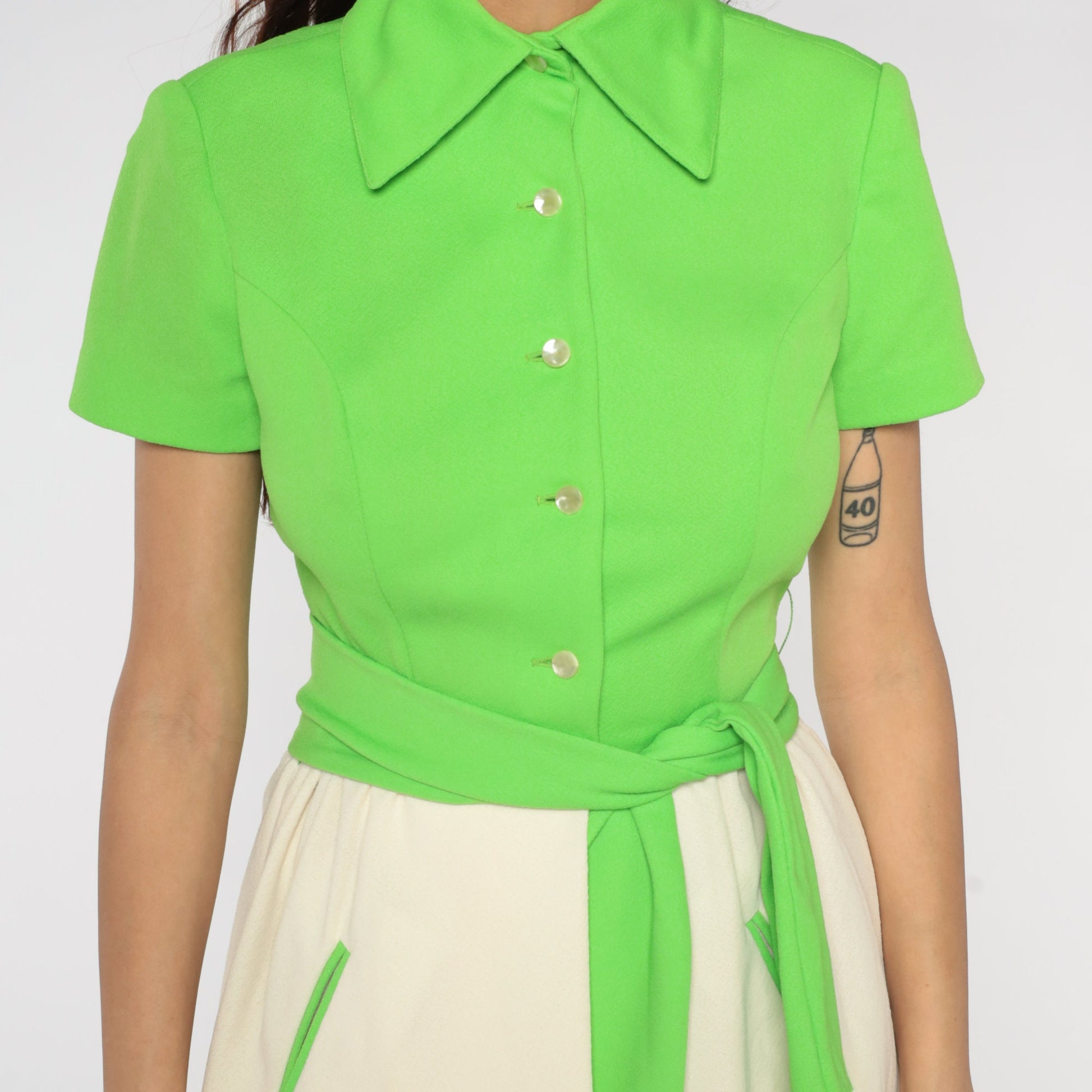 1970s Fred Rothschild Lime Green Mini Dress Pointed Collar Pockets Small