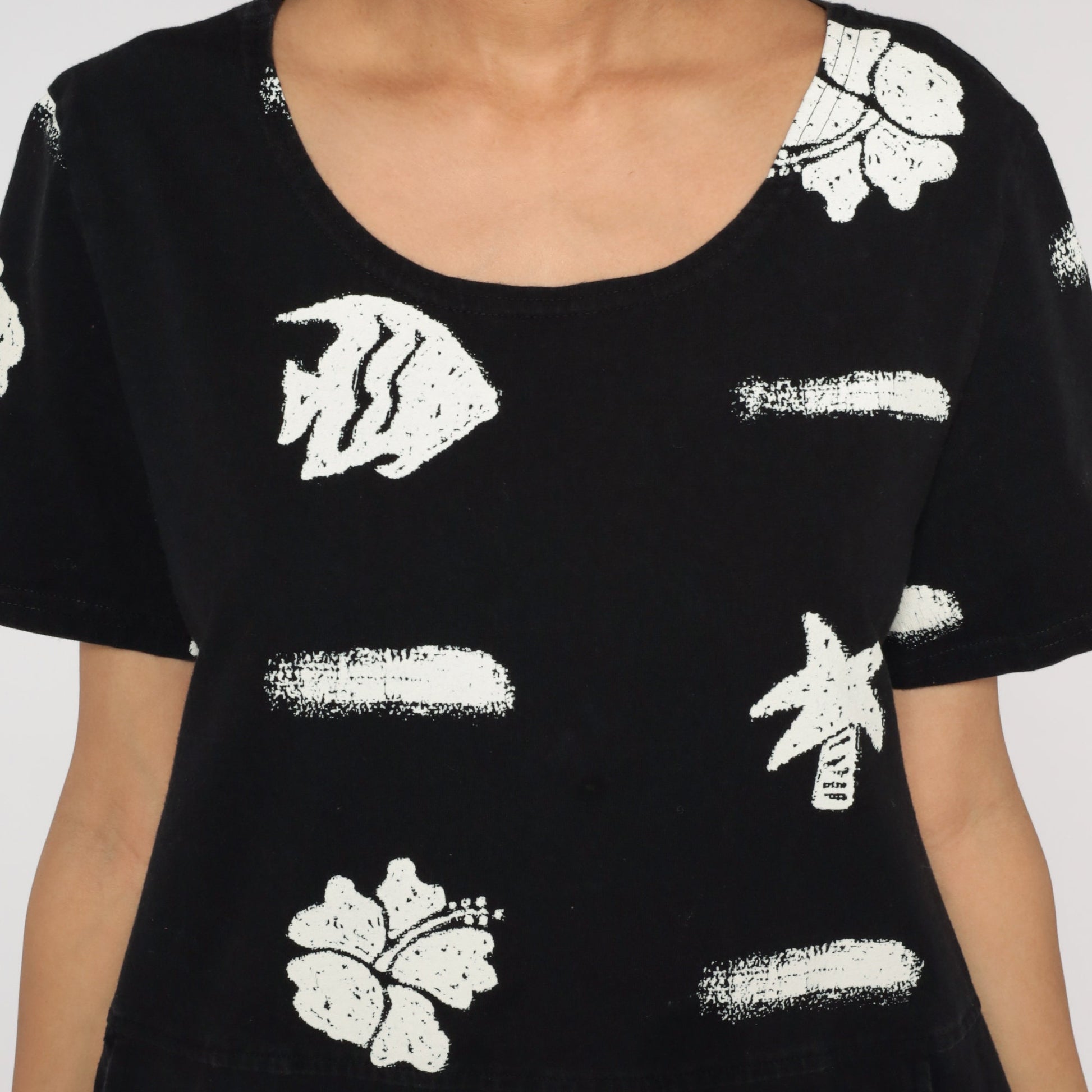 Y2K Black Tropical Fish Hibiscus Mini Shift Dress Short Sleeve Medium M