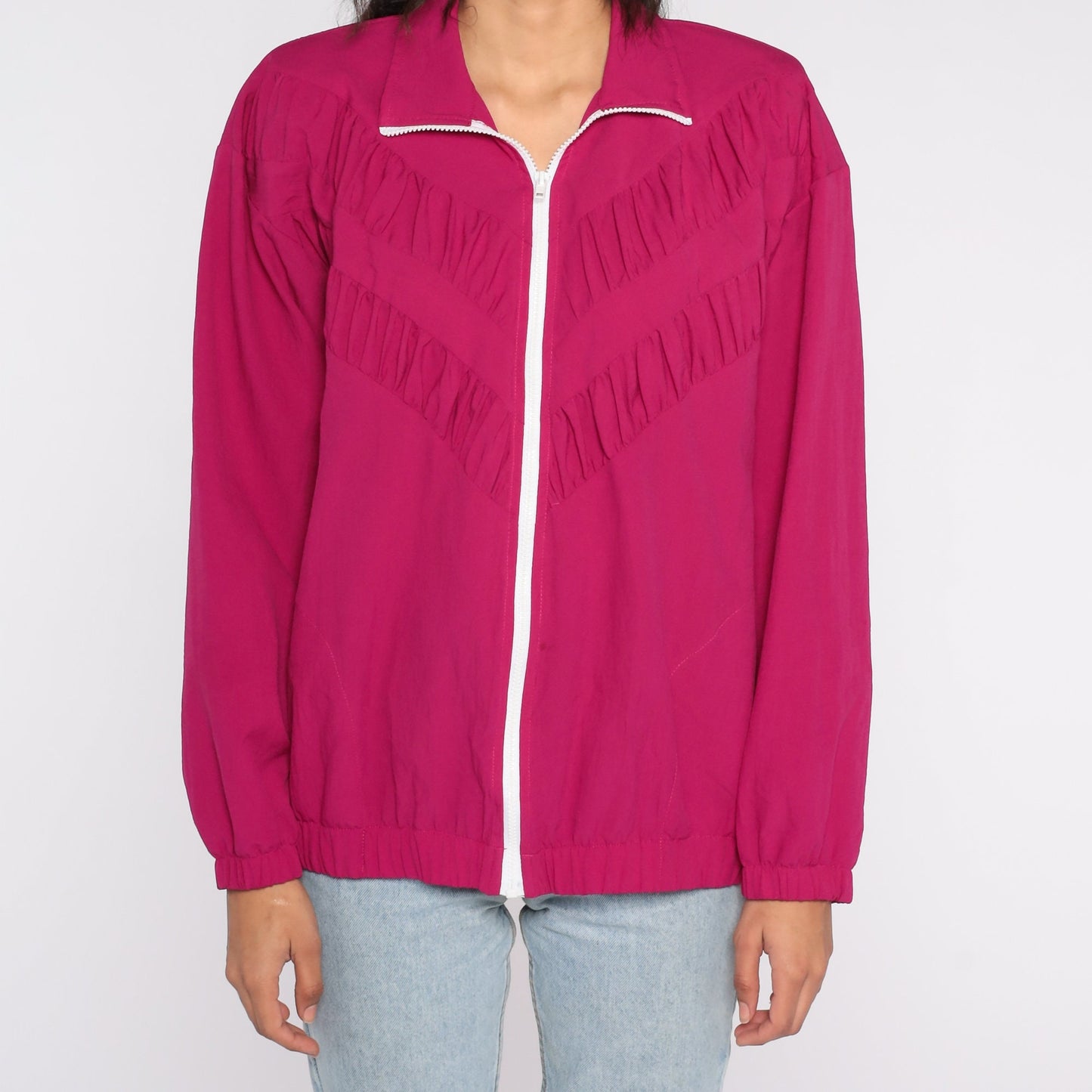 90s Fuchsia Zip Windbreaker Jacket Ruched Medium M