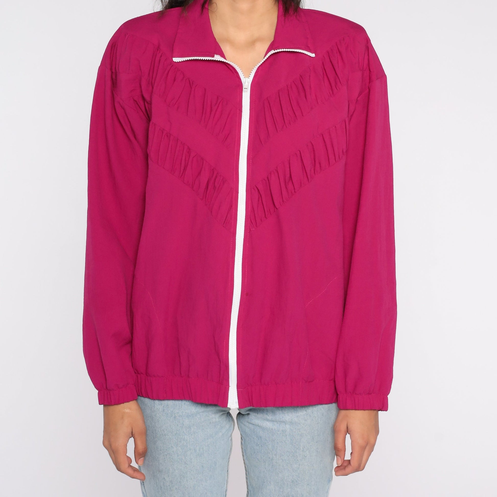 90s Fuchsia Zip Windbreaker Jacket Ruched Medium M