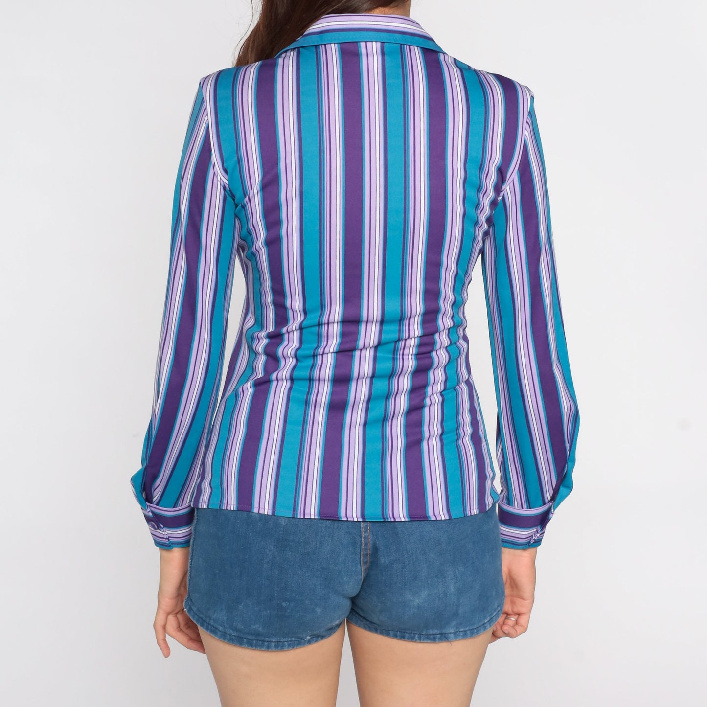 80s Striped Button-Up Blouse Purple Blue Long Sleeve Collared Shirt Small
