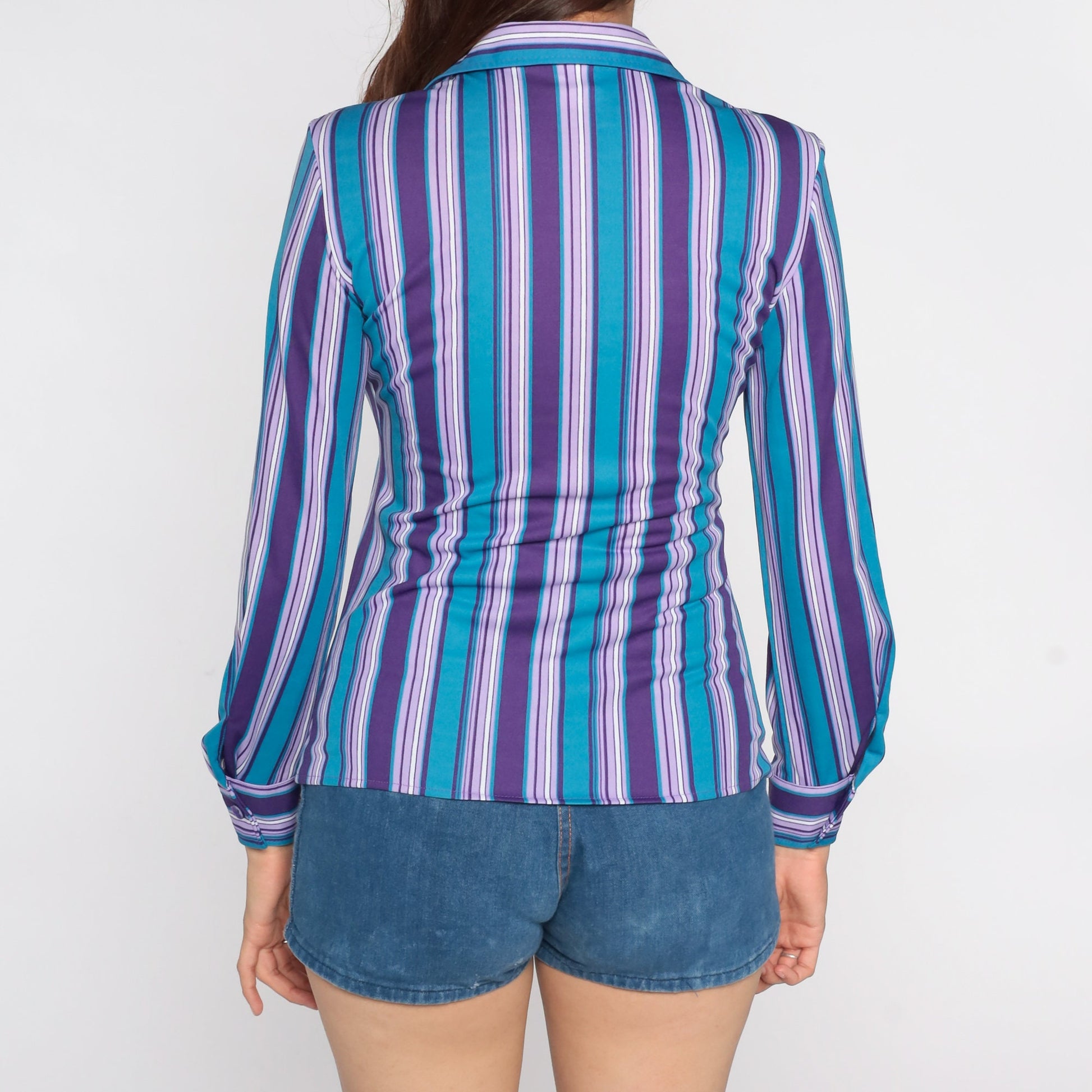 80s Striped Button-Up Blouse Purple Blue Long Sleeve Collared Shirt Small