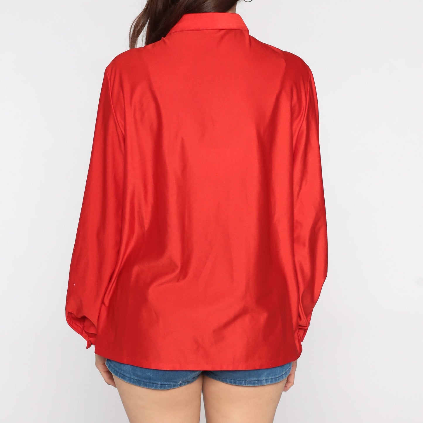 80s Red Shiny Button-Up Blouse Long Sleeve Collared Shirt Medium Large